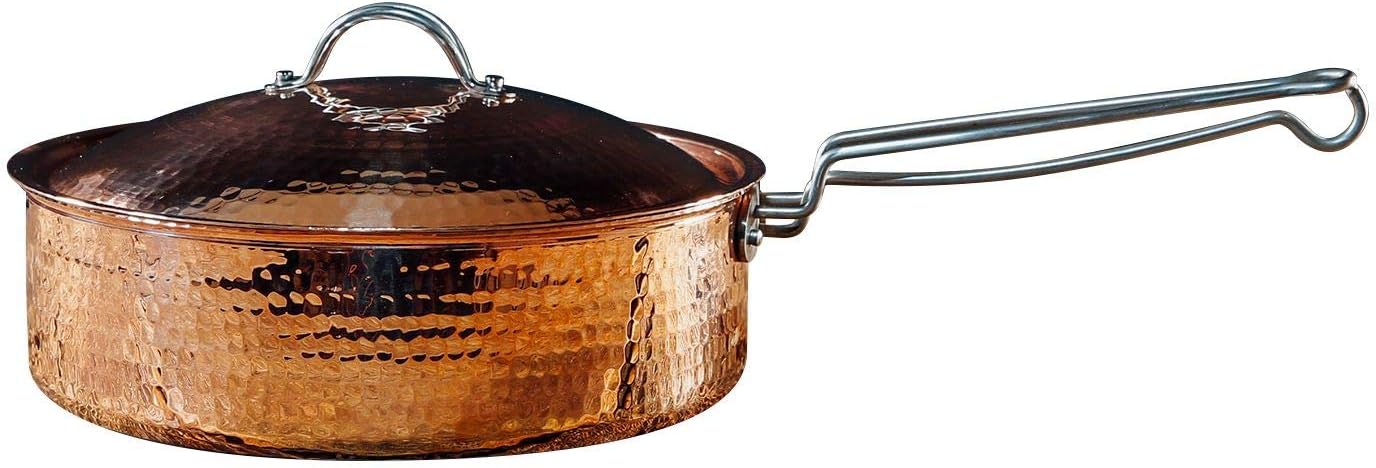 Sertodo Copper Saute Pan with Lid | 3 Qt, 10 in diameter x 3 in deep | Naturally Non-Stick Tin Lining, Pure Copper Body | Patented Handle System | Versitile Saute, Sear, Sauce Pan | Professional Grade