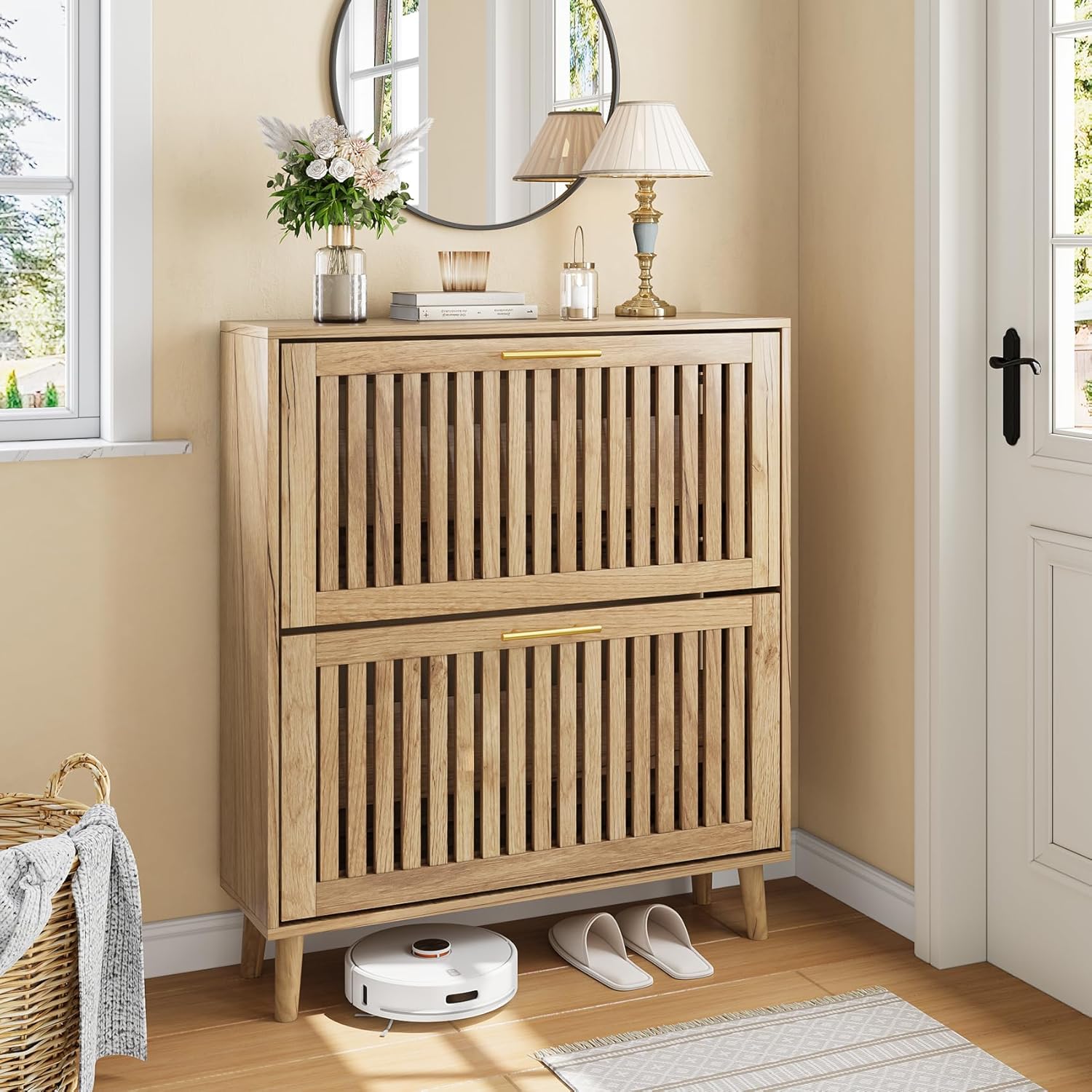 Shoe Storage Cabinet with 2 Flip Louvered Drawers, Narrow Wood Shoe Cabinet with Gold Handle, Hidden Entryway Shoe Organizer for Hallway, Foyer, Natural Oak