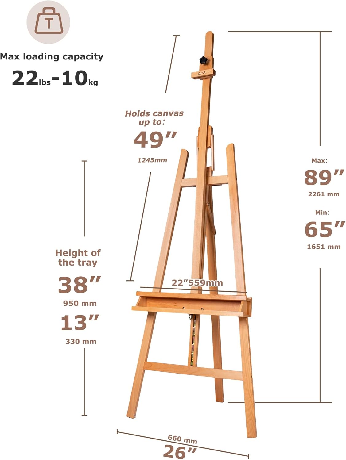 DJAR Art Easel Stand for Painting, Solid Beech Wood Adjustable Large Studio Floor Easel with Storage Tray for Adults Students, Hold Canvas up to 49