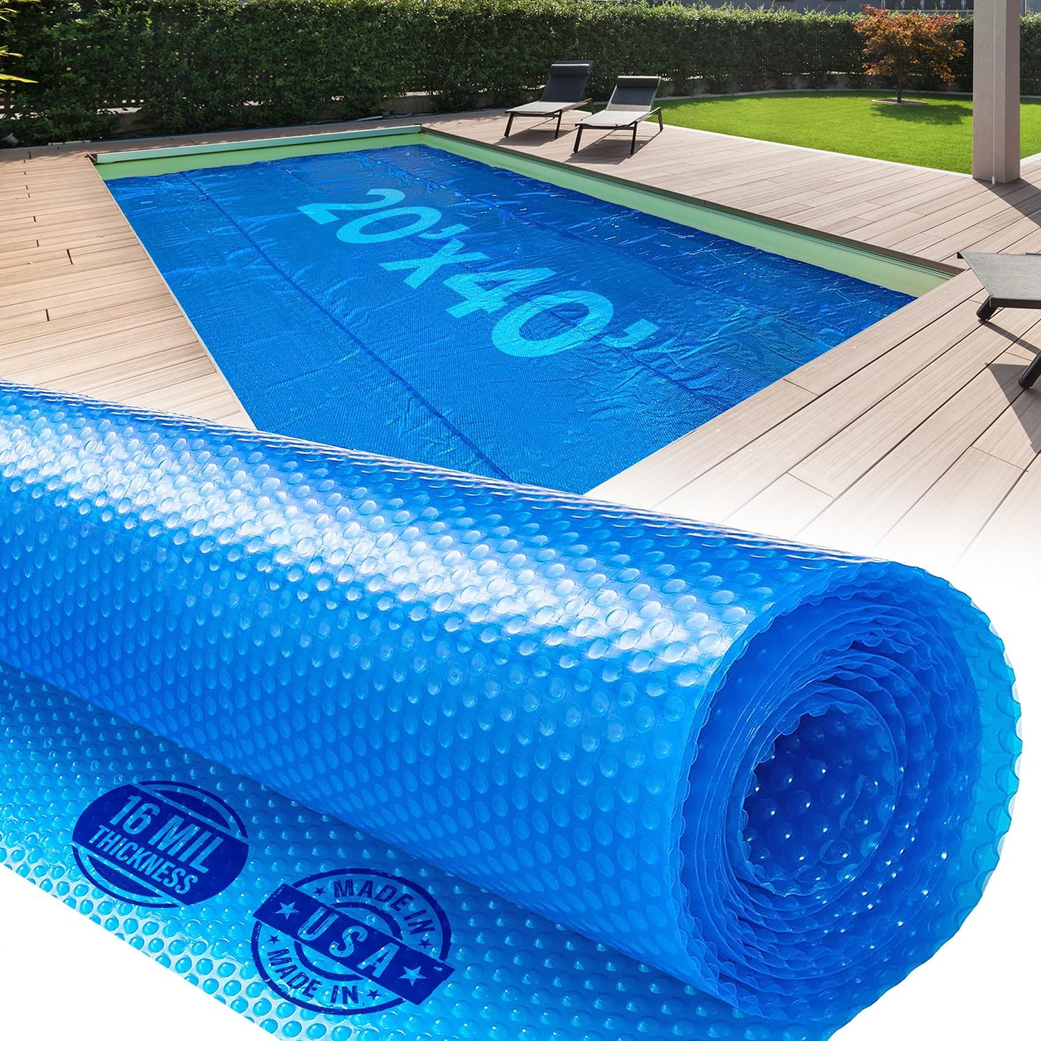 Shop Square 20 x 40 Foot Rectangle Solar Pool Cover for Inground and Above Ground Pools, 16 Mil - Premium Heavy Duty Solar Blanket for Above Ground Pool, Blue - Made in USA