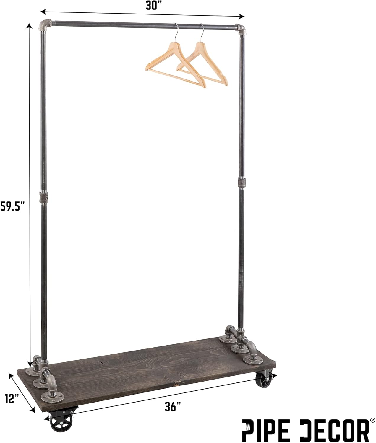 PIPE DECOR 36” x 11 ½” x 59 ½” Rolling Steel Pipe Clothing Rack with Wood Shelf, Commercial or Residential Industrial Clothes Display, Heavy Duty Black Steel Metal Wheeled Garment Frame