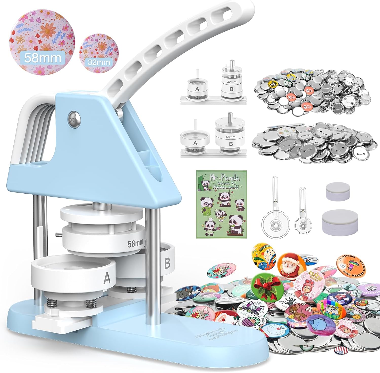 Button-Maker-Machine-Multiple-Sizes 32+58mm, Pin Maker Machine Includes 200 Metal Backings, Button Maker Kit with Sturdy Aluminum Body, 32+58mm/1.25+2.25 Inch Models, Ideal for Badge Creation