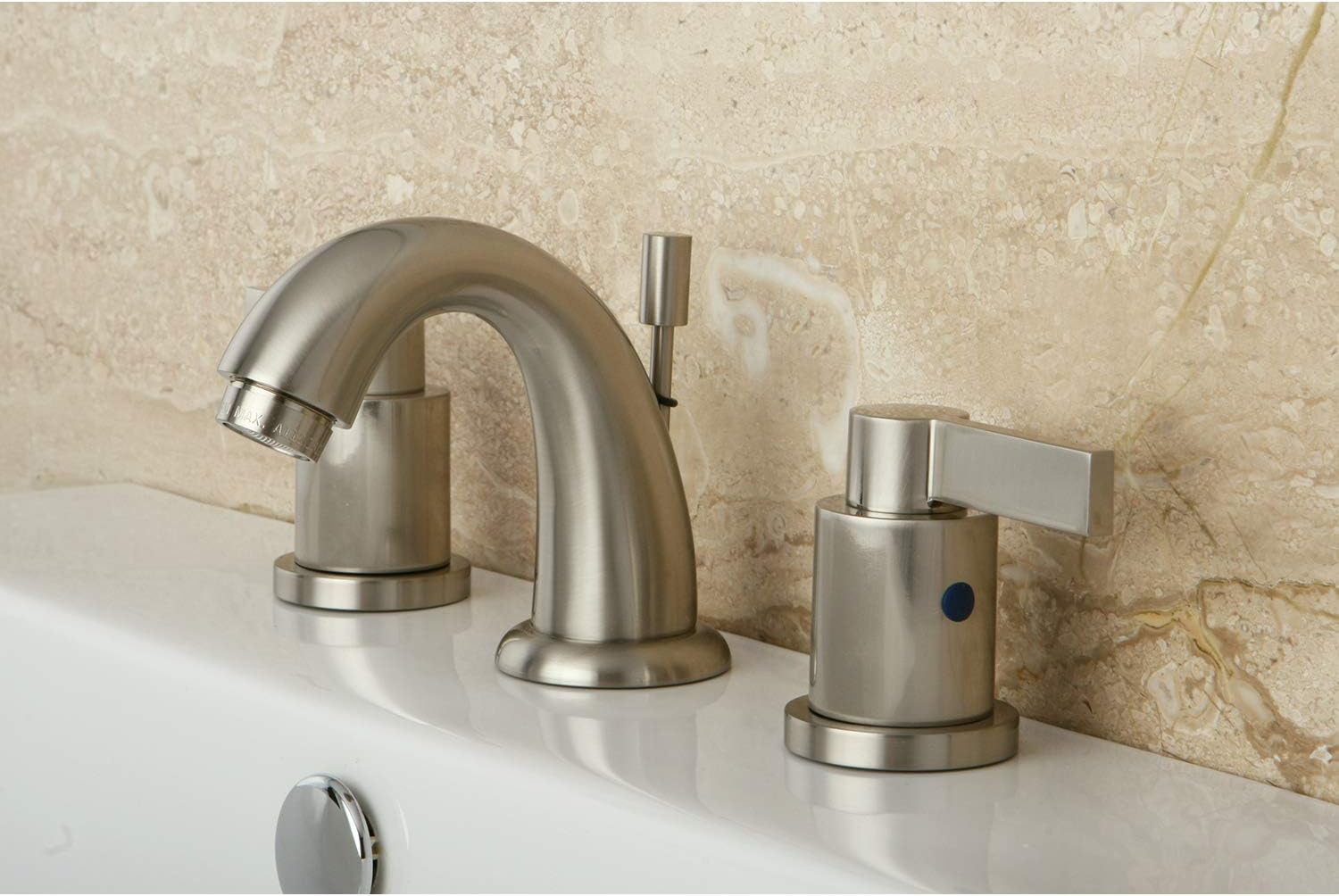 Kingston Brass KB8918NDL 3-3/4-Inch in Spout Reach NuvoFusion Goose Neck Spout Mini Widespread Lavatory Faucet with Brass Pop-Up, Brushed Nickel