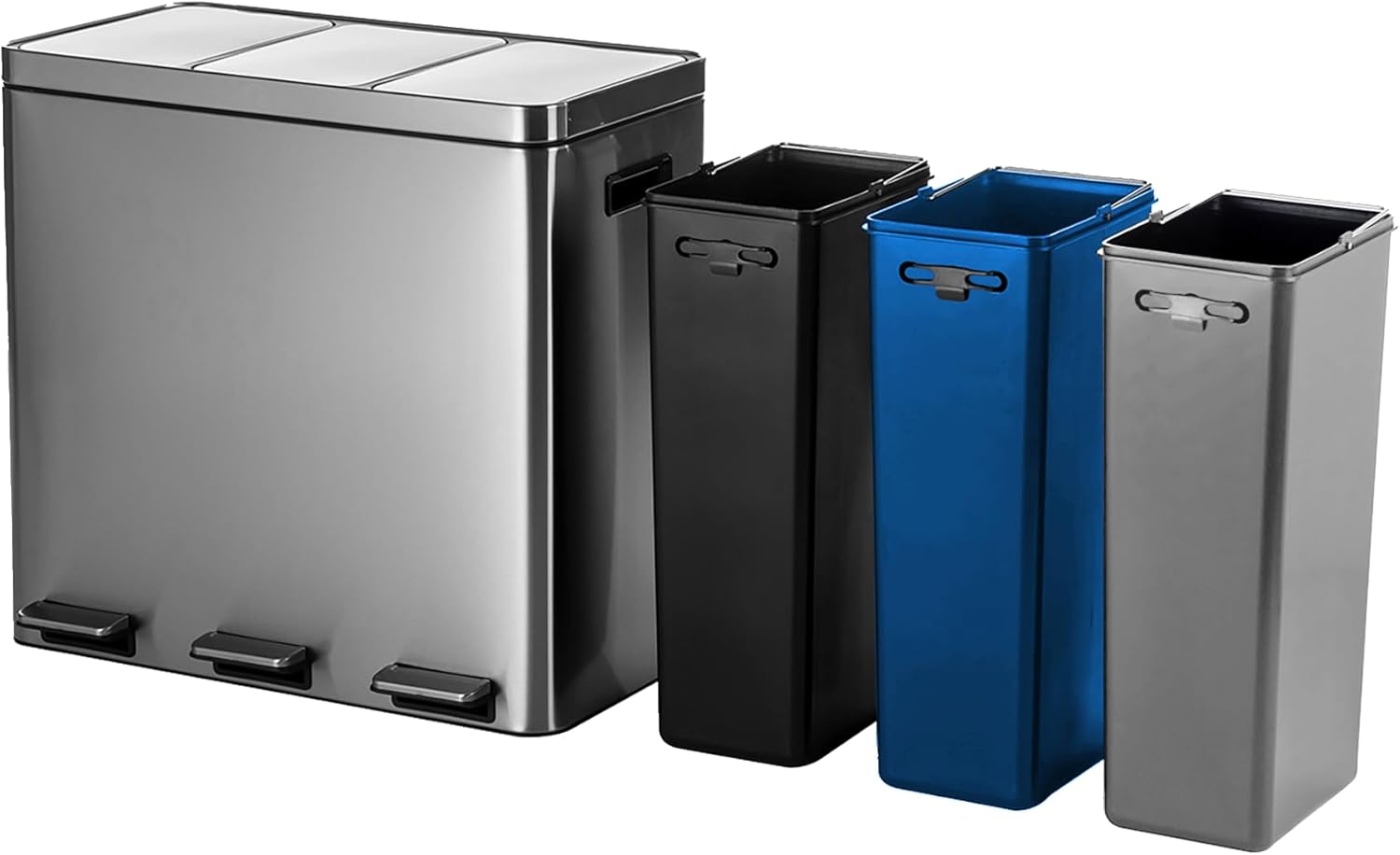 Home Zone Living 16 Gallon Large Kitchen Trash Can with Three Compartments for Recycling, Stainless Steel, Silver, 60 Liters Total
