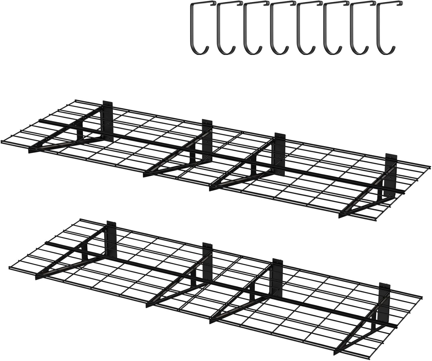2-Pack 2x6ft Garage Wall Shelf, 72 inch Floating Shelf with 8 Bike Hooks, 1200 lbs Load Capacity Storage Shelves, Heavy Duty Metal Wall Mounted Shelves for Kitchen Laundry Workplace