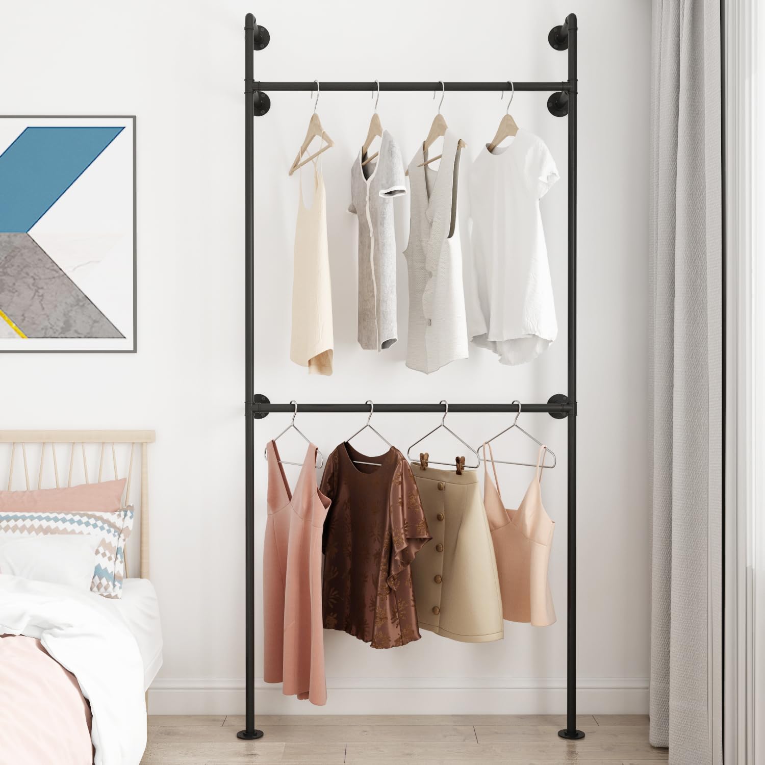 Industrial Pipe Clothing Rack, Heavy Duty Metal Clothes Rack with Double Rods for Hanging Clothes, Wall Mount Space-Saving Garment Display Rack (Three, Gold)