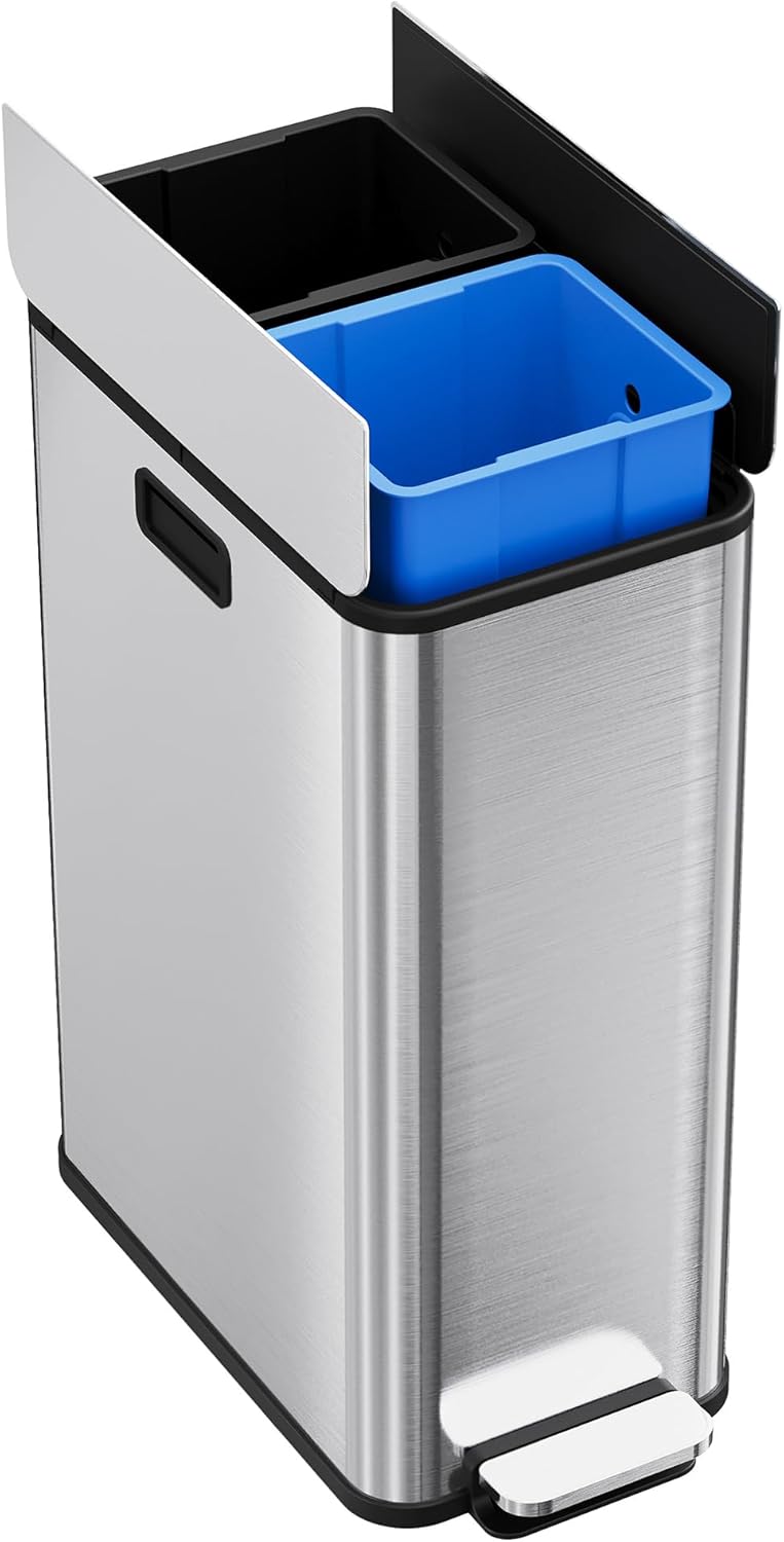 2 x 7.4 Gal (2 x 28L) Trash Can, Slim Stainless Steel Double Trash Can with Recycling Bin, Butterfly Lid, Step-on Garbage Bin, with Removable Plastic Inner Buckets