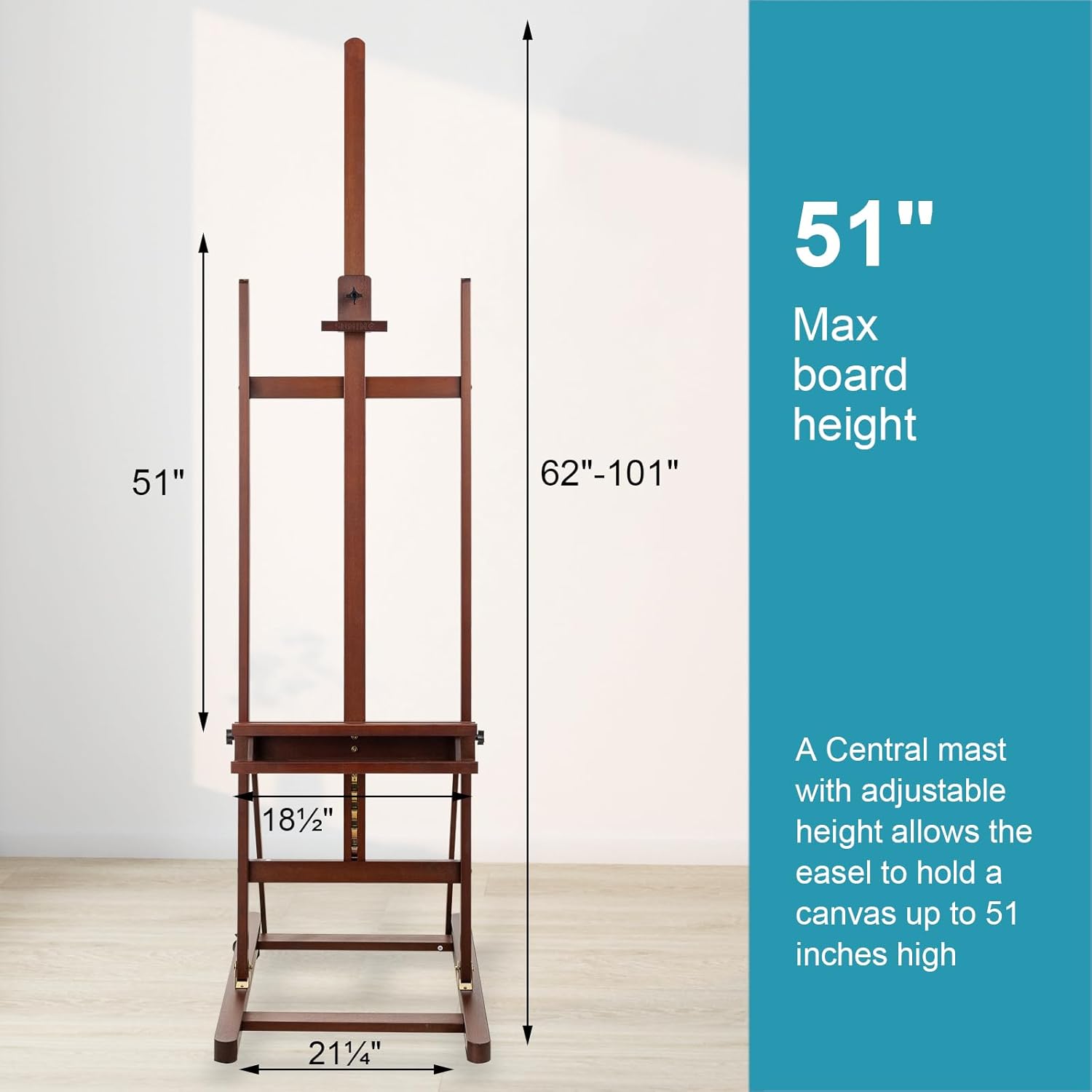 H-Frame Studio Easel, Beechwood Artist Easel Storage Tray, Adjustable Floor Easel Stand Holding Canvas up to 51Inches for Painting, Brown