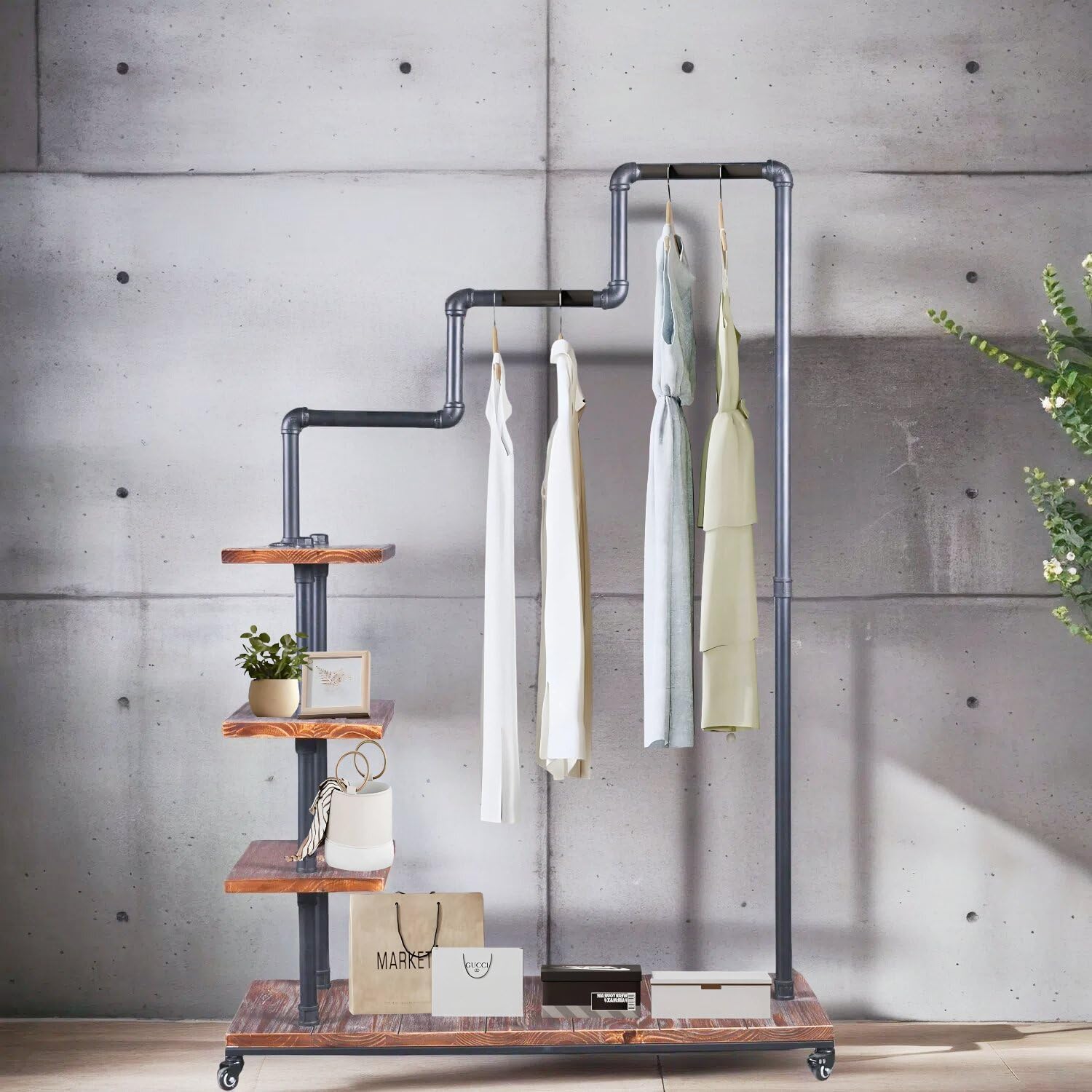 Diwhy Industrial Pipe Clothing Rack 4 Layers Pine Wood Shelving Shoes Rack With Wheels Cloth Hanger Household Shoe Rack Pipe Shelf Garment Racks