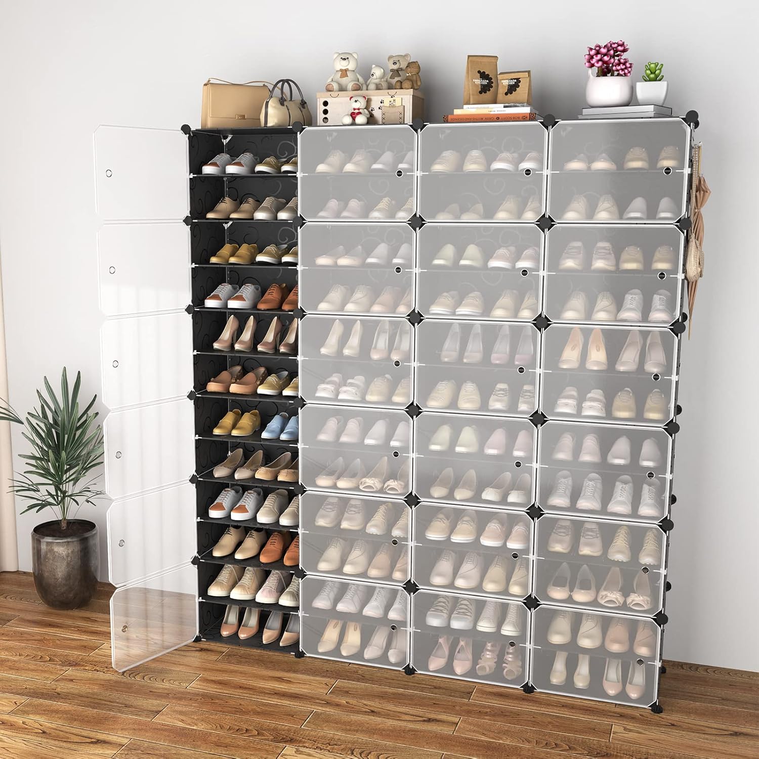 Portable Shoe Rack Organizer with Door, 96 Pairs Shoe Storage Cabinet Easy Assembly, Plastic Adjustable Shoe Storage Organizer Stackable Detachable Free Standing DIY Expandable 12 Tier Black