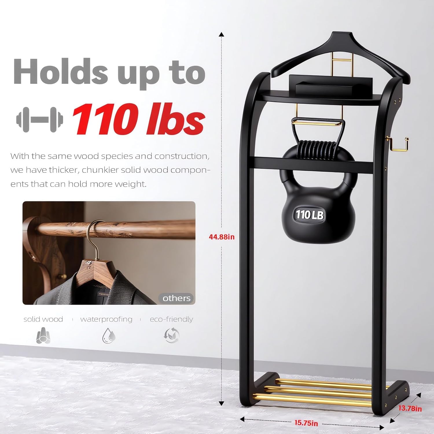 Suit Valet Stand for Men, Wood Mens Valet Stand with Base, Contour Hanger, Tray, Trouser Bar and Tie Bar, Clothes Valet Stand for Bedroom Entryway Home Living Room Office (Black)