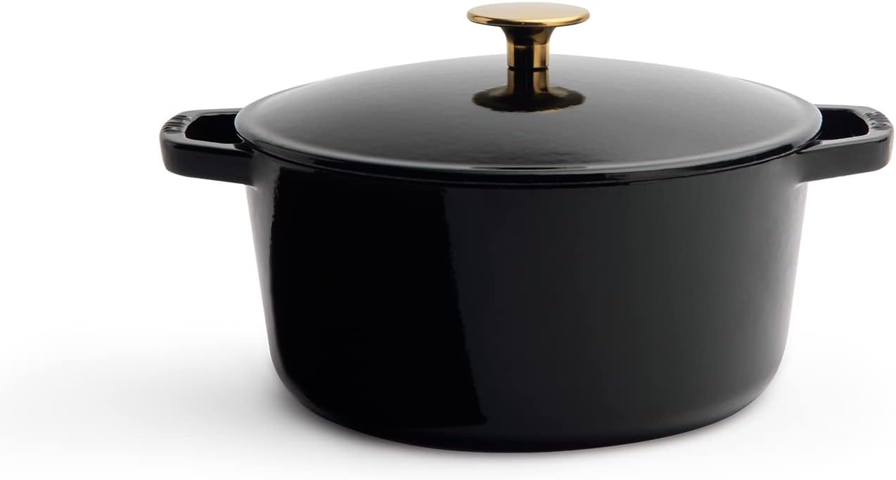 Milo by Kana 3.5-quart Enameled Cast Iron Dutch Oven with Lid | Premium Casserole Cooking Pot | Enamel Coating Inside and Out | Oven Safe and Dishwasher Friendly (Gloss Black with Gold Knob)
