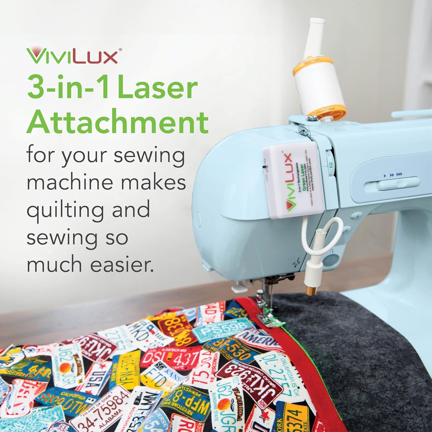 ViviLux 3-in-1 Rechargeable Green Laser System for Sewing & Quilting – Adjustable Line, Crosshair, and Dot Laser Heads, Secure Magnetic Mount – for Attachment to Metal Surfaces Only
