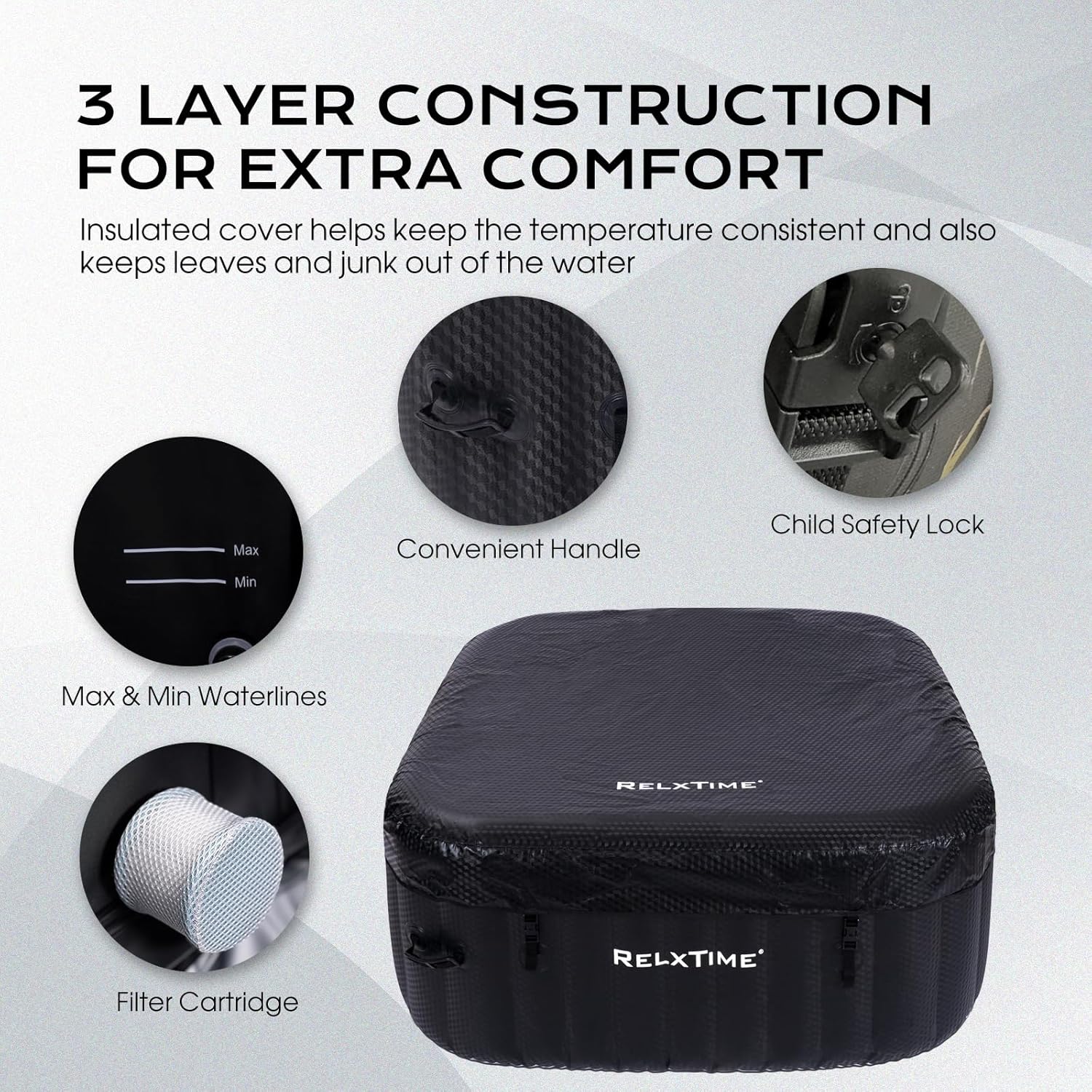 Inflatable Hot Tub 2-3 Person 110 Air Jets, Portable Blow Up Hottub with Cover, Built in Heater Pump, Square Outdoor Spa, Cup Holder, 2 Filters, Black