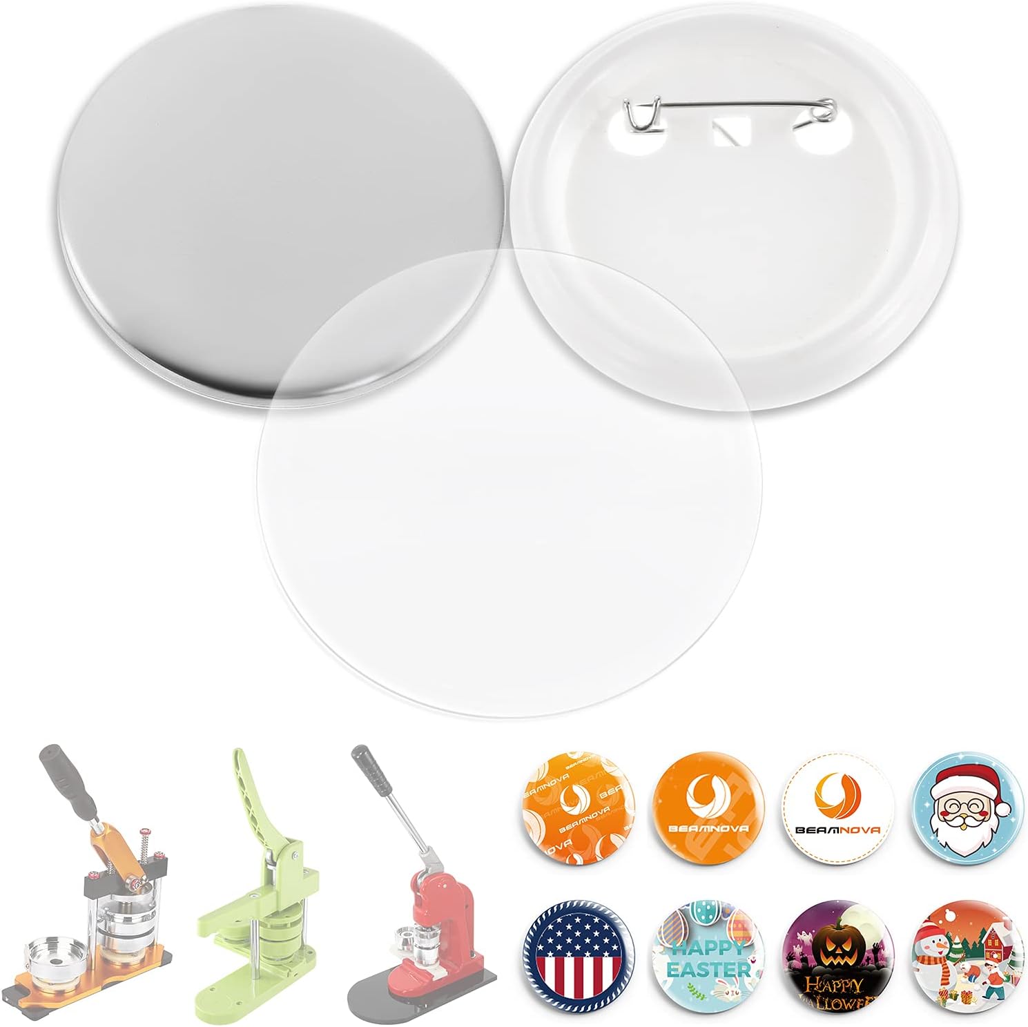 BEAMNOVA 500 Sets of Round Button Parts Supplies 75mm / 2.95 in (Approx. 3 inch) for Button Maker Machine DIY Pin Maker, Every Set Includes Tinplate Top, Plastic Clip Bottom & Plastic Film