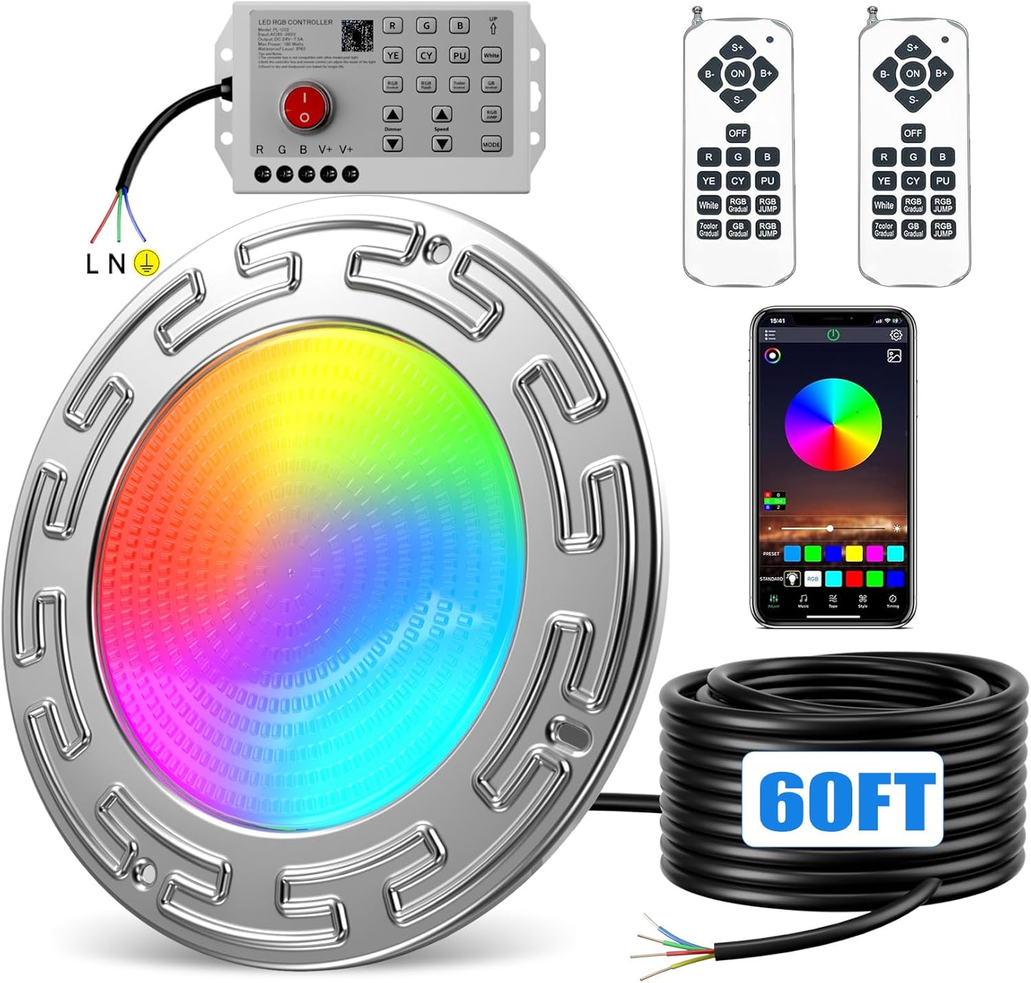 60FT 10Inch 60W Led Smart Pool Lights for Inground Pool with 3 Control Way (App/Remote/Controller), Led Color Changing Underwater Swimming Pool Light for 10