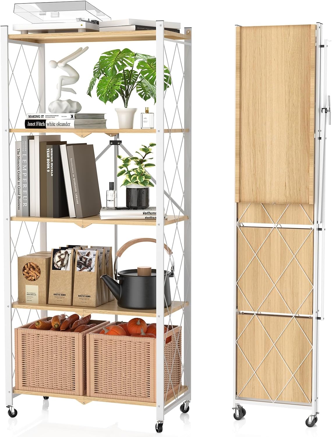 5 Tier Foldable Storage Shelf with Wheels,Folding Shelving Loads 500 LBS,No Assembly Bookshelf,Metal Shelving Units Storage for Garage,Living Room,Kitchen,Pantry, Office(27.9 x 13.3 x 62.6 in,White)