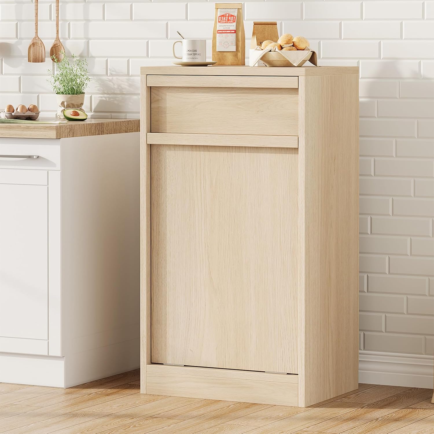 GarveeHome Tilt Out Trash Cabinet, Modern Trash Cabinet with 10 gal Storage, Hidden Freestanding Garbage Can Cabinet Laundry Hamper for Kitchen Dining Living Room