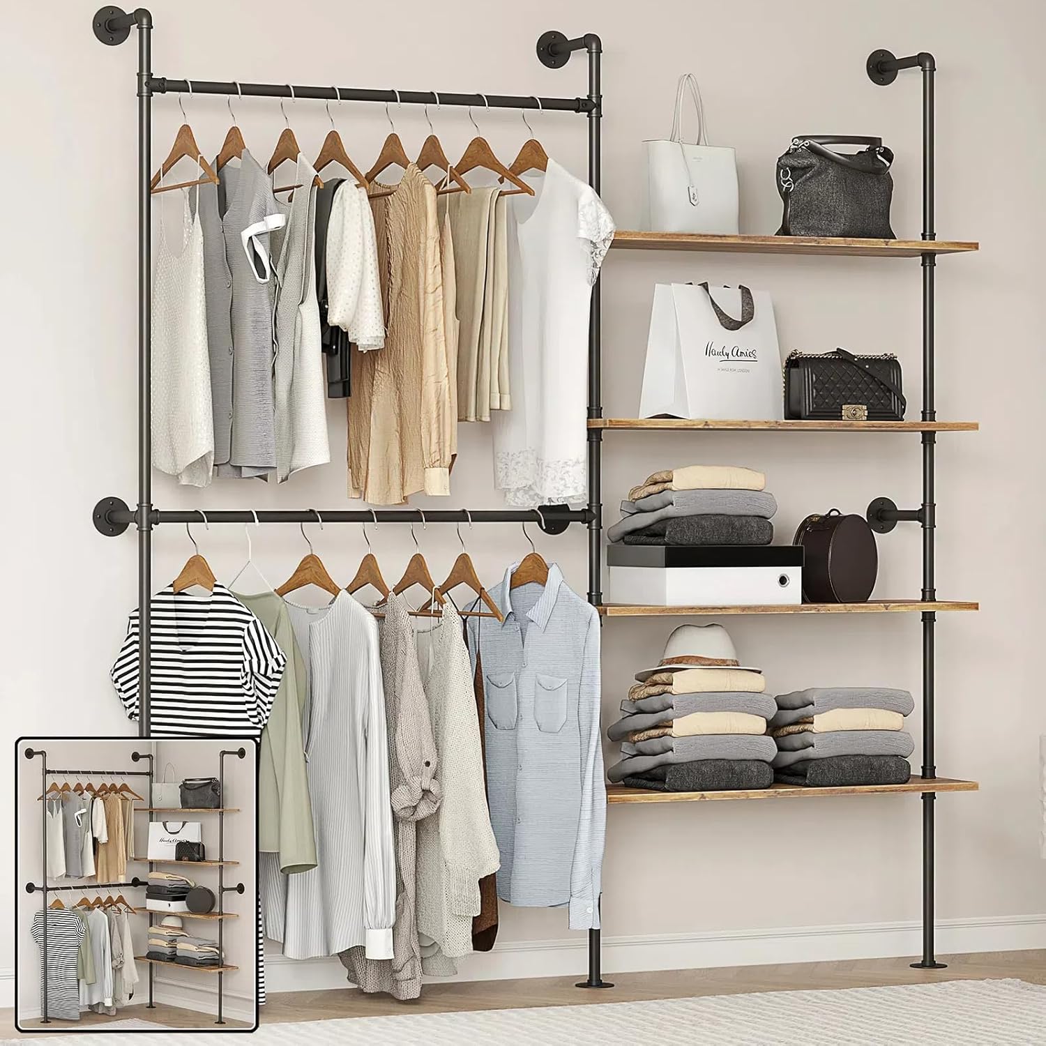 Industrial Pipe Clothing Rack, Wall Mounted Clothes Rack for Hanging Clothes (Black, 80