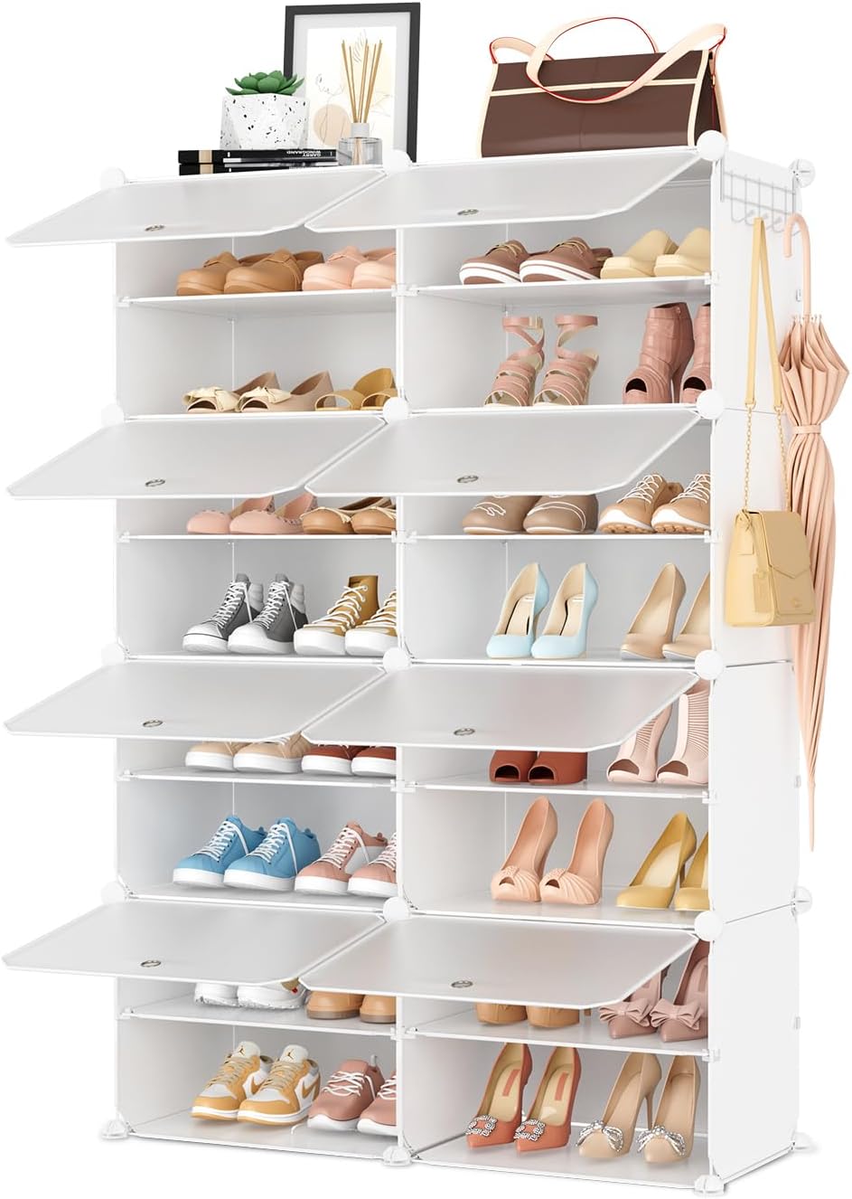 Shoe Rack Organizer 12 Tier Shoe Storage Cabinet with Door 96 Pair Tall Shoes Rack Expandable Free Standing Sturdy Plastic Easy Assembly Shoes Shelf for Closet Entryway Bedroom Hallway White