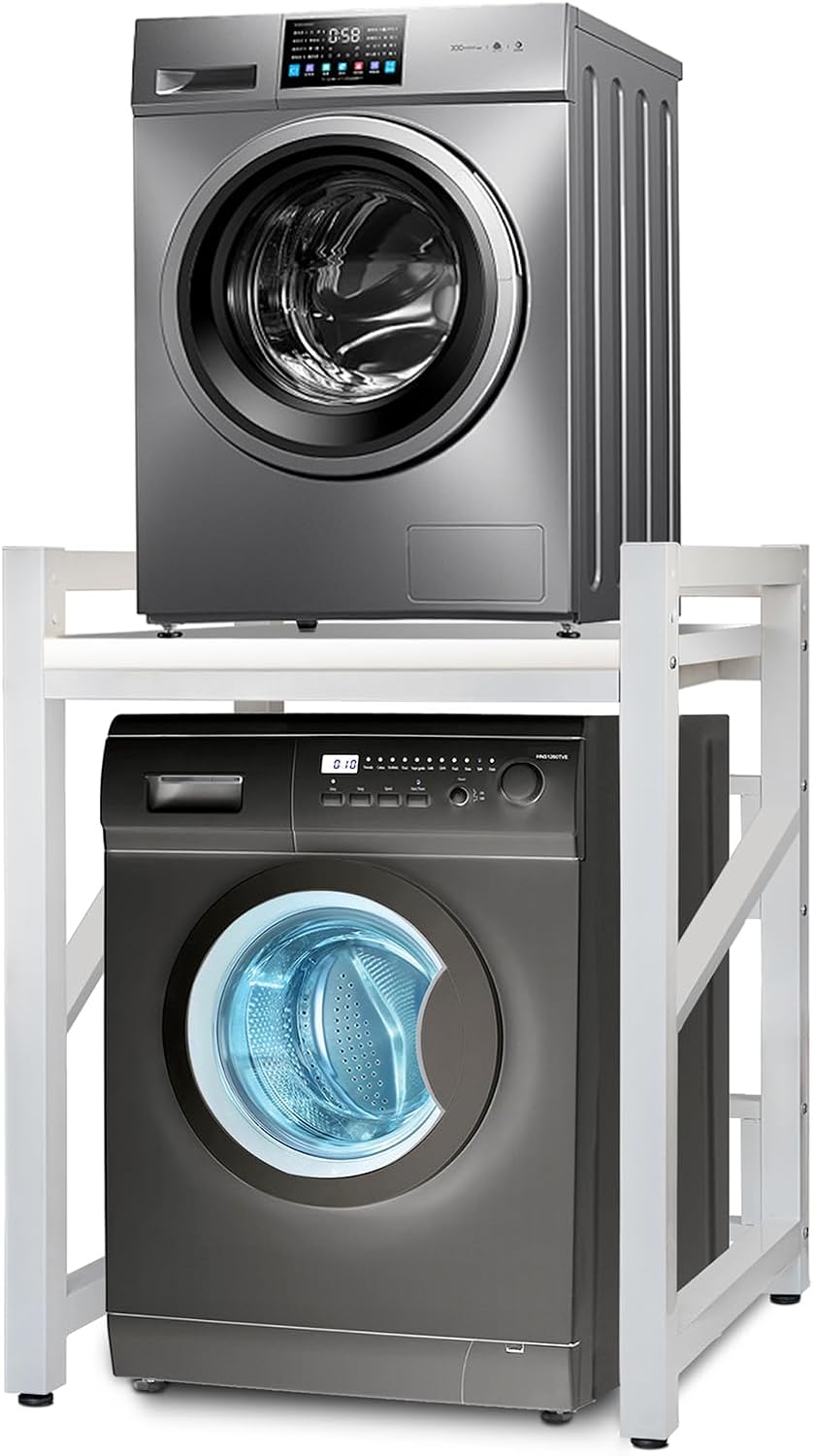 JXZ Washing Machine Storage Rack Height Adjustable Washer Dryer Stacking Rack with Adjustable Shelves 1.2mm Wall Thickness Load Capacity 350kg for Bathrooms Laundry Rooms Balconies(White F)