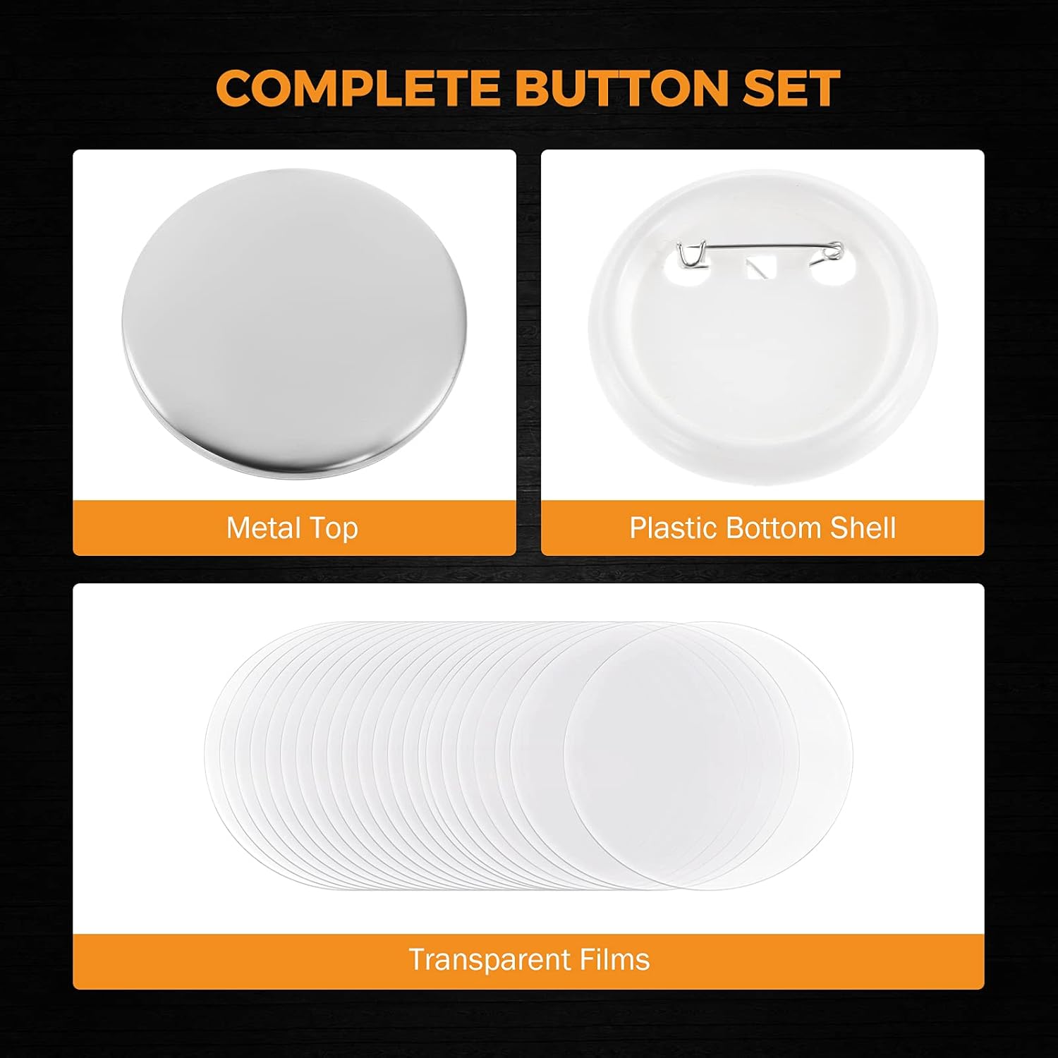 BEAMNOVA 500 Sets of Round Button Parts Supplies 75mm / 2.95 in (Approx. 3 inch) for Button Maker Machine DIY Pin Maker, Every Set Includes Tinplate Top, Plastic Clip Bottom & Plastic Film