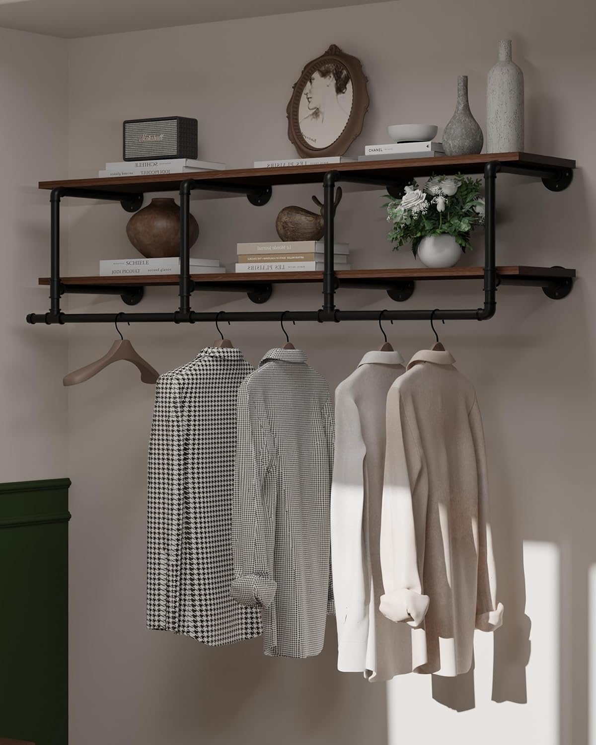 Wall Mounted Clothes Rack 12 Inch Deep, 60 Inch Heavy Duty Garment Rack with Real Walnut Wood Shelf, Multi-Purpose Hanging Rod & Space-Saving Closet Storage Organizer
