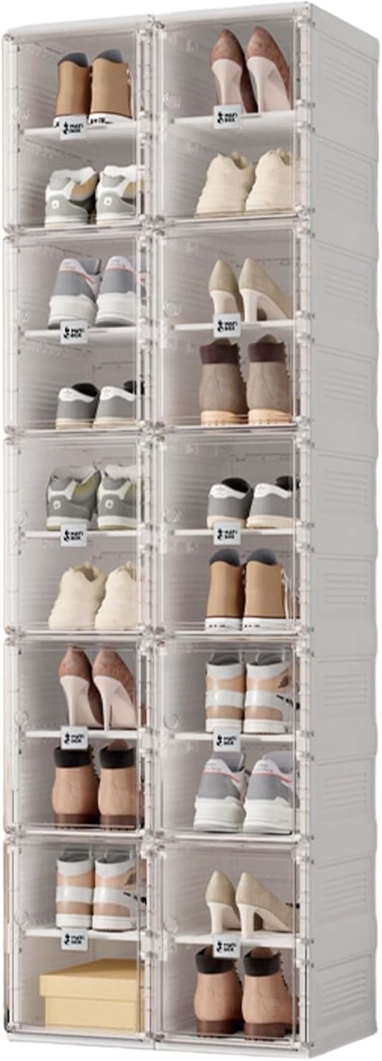 AntBox Portable Shoe Rack Organizer, Stackable Sneaker Organizer Cabinet with Magnetic Door, Folding Design, Clear Plastic Storage Container, 10 Tier 20 Pairs (Clear) - S2-S20-D10(C)