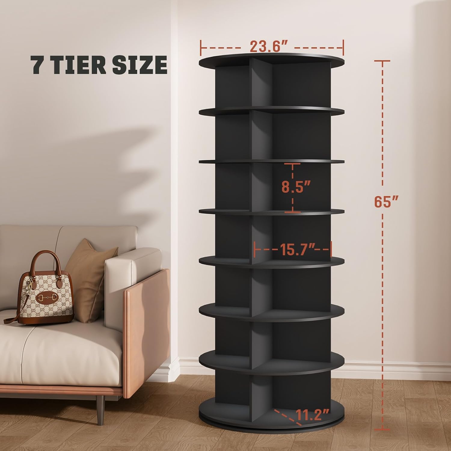 Free Standing 7-Tier Spinning Shoe Organizer Tower, Rotating 360 - Black