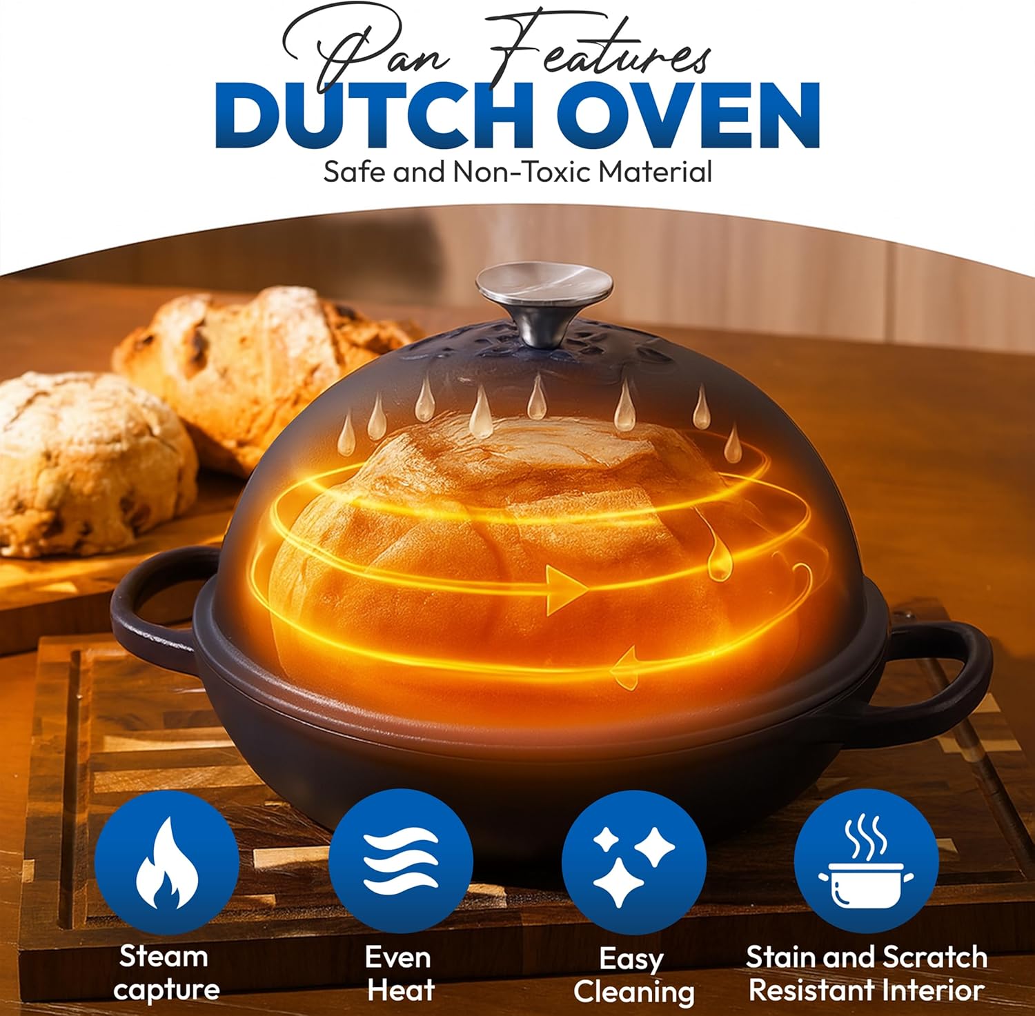 Cast Iron Dutch oven Pot with Lid for Sourdough Bread Baking – Versatile Bread Oven with Non-Stick Enamel Coating, Matte Finishing, Exquisite Embossed Pattern & Ergonomic Handles