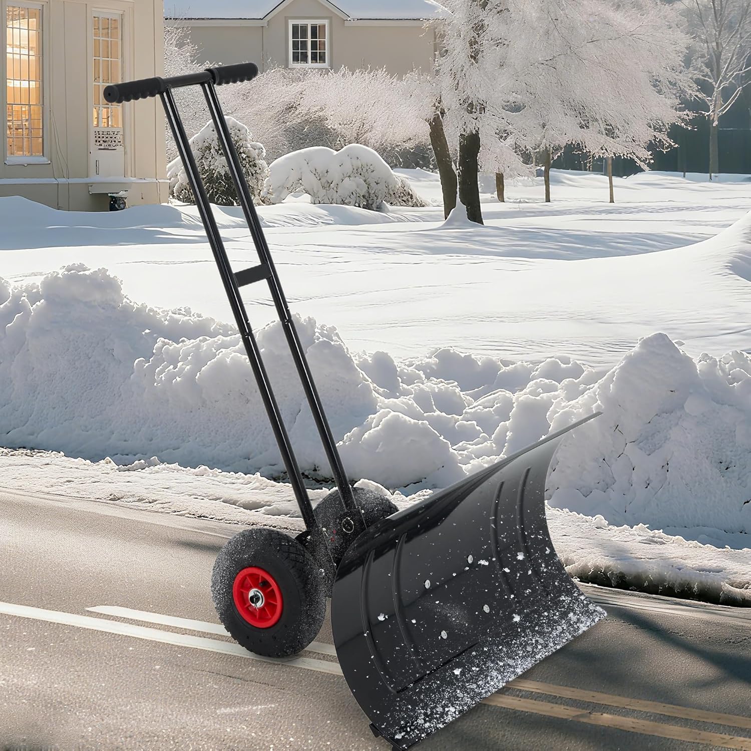 40'' Galvanized Blade Heavy-Duty 2-Wheel Snow Pusher Hand Plow Ergonomic Snow Pusher Shovel with Snow Removal Adjustable Angle & Height Handle