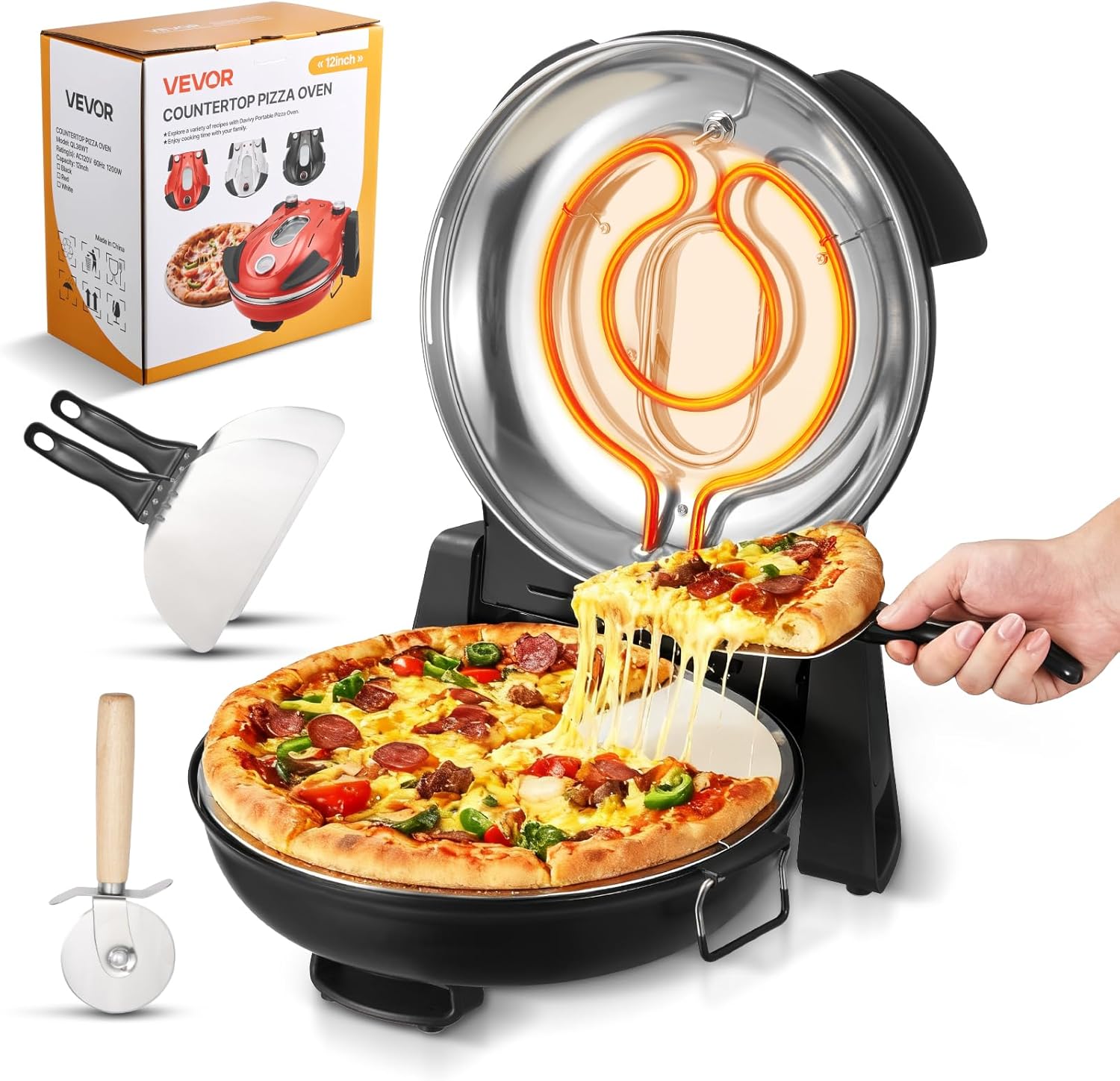 VEVOR Pizza Oven, 12 in Electric Pizza Maker, 1200W Electric Pizzas Cooker with Cordierite Stone, 5-Mode Temperature Control, Viewing Window for Precise Cooking, Heats up to 788 ˚F, for Home (Red)