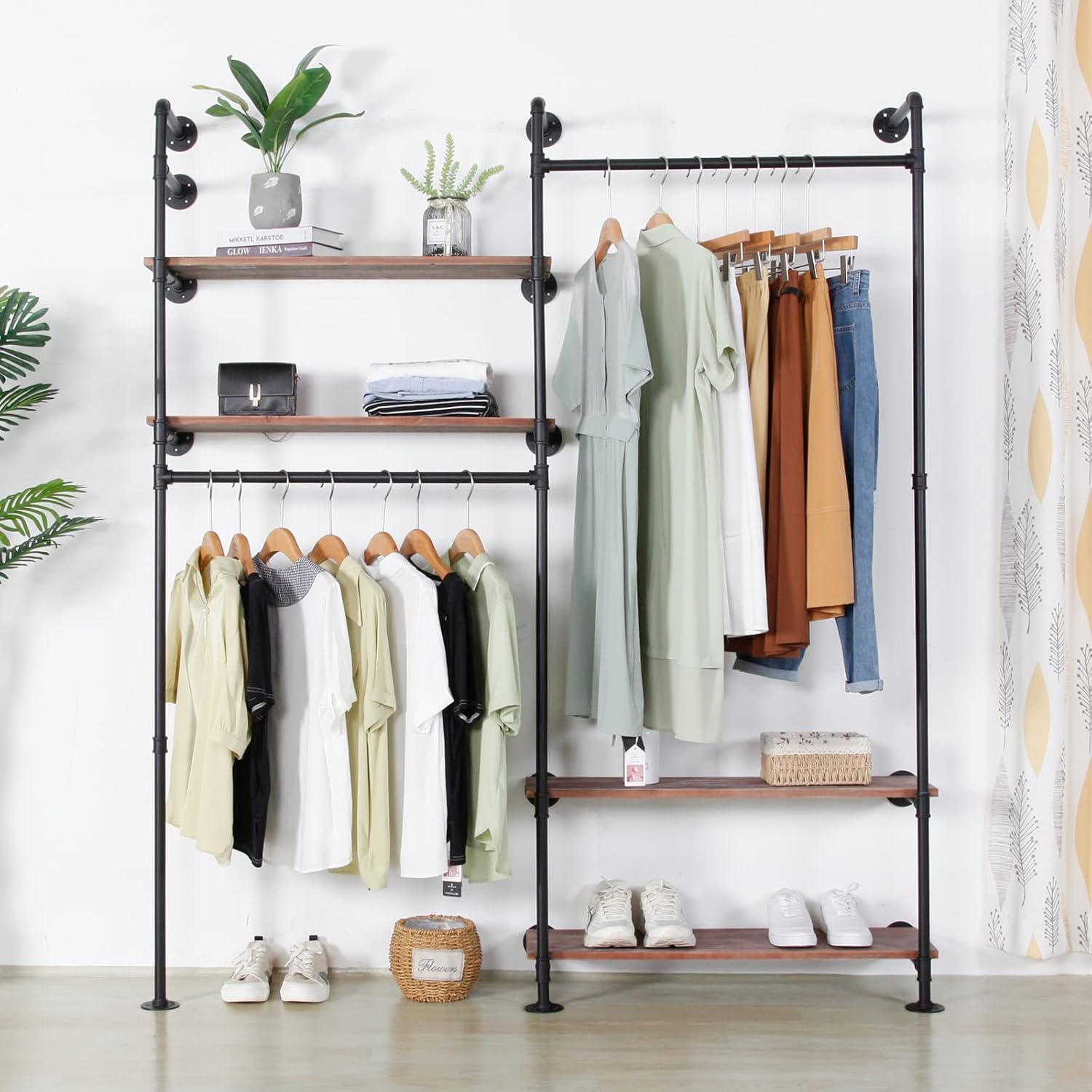 Industrial Pipe Double Hanging Rods Clothing Rack with 4 Tier Shelves, Heavy Duty Garment Racks Display Racks On Wall for Hanging Clothes Retail Display, Black