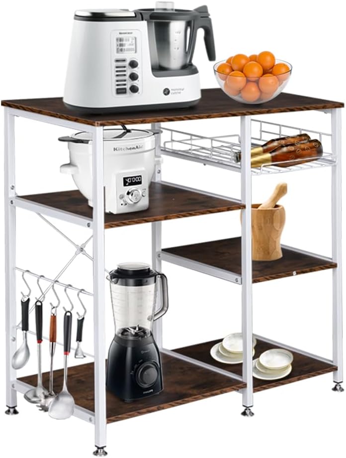 3-Tier Industrial Kitchen Bakers Rack, Utility Microwave Oven Stand Storage Cart, Workstation Shelf Large Space Fruit Basket Hooks Adjustable Legs MDF Board Stable & Durable Rustic Rustic Brown White
