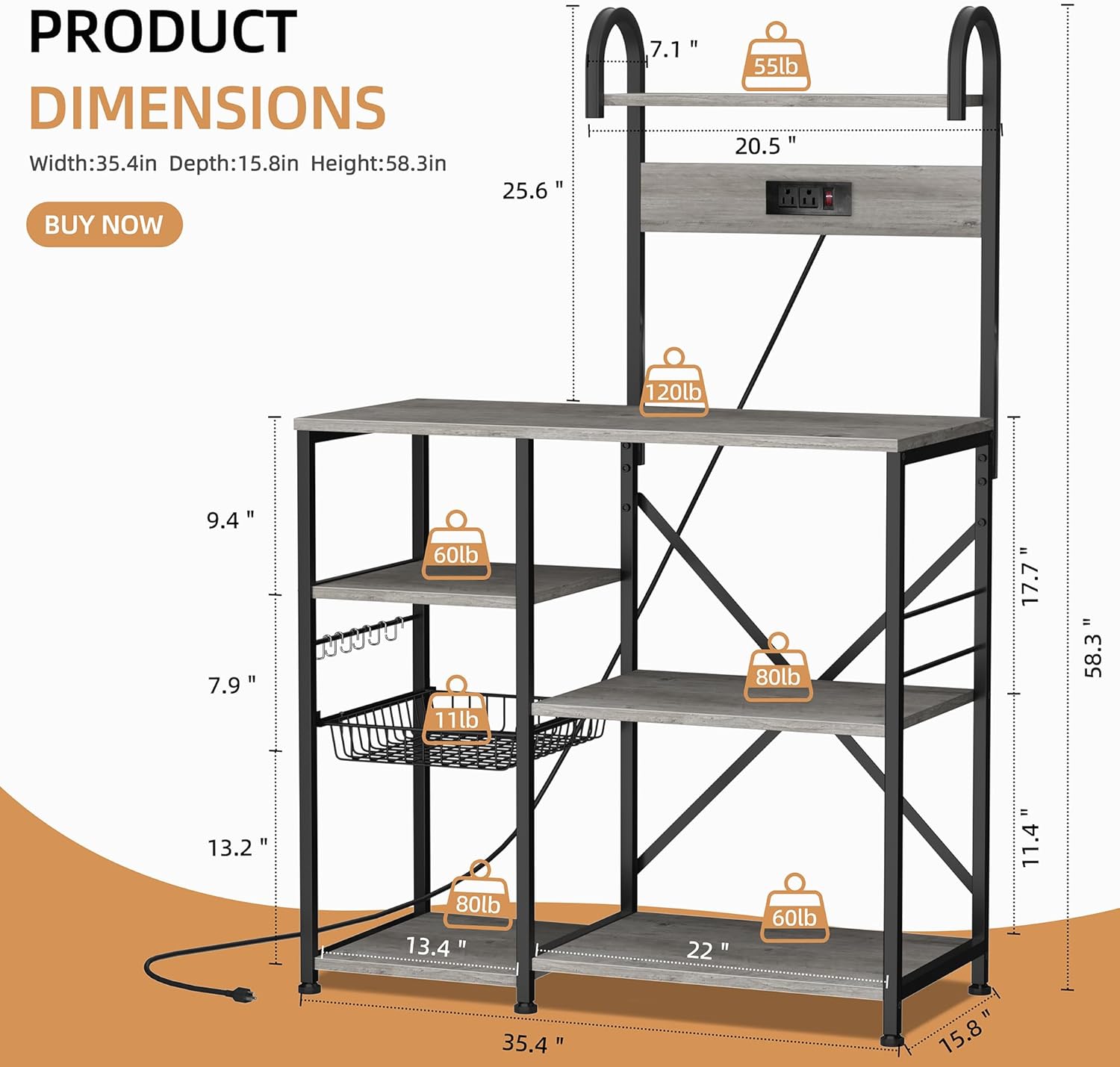 Shintenchi Kitchen Bakers Rack with Power Outlet, Multifunctional Organizer & Storage with 6 Hooks, Microwave Oven Stand, and Coffee Station Shelf, Grey
