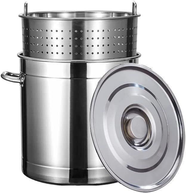 Heavy Duty Stockpot with Lid and Strainer Basket - Perfect Outdoor Turkey Fryer Pot for Seafood and Shrimp Boil(70 Litres)