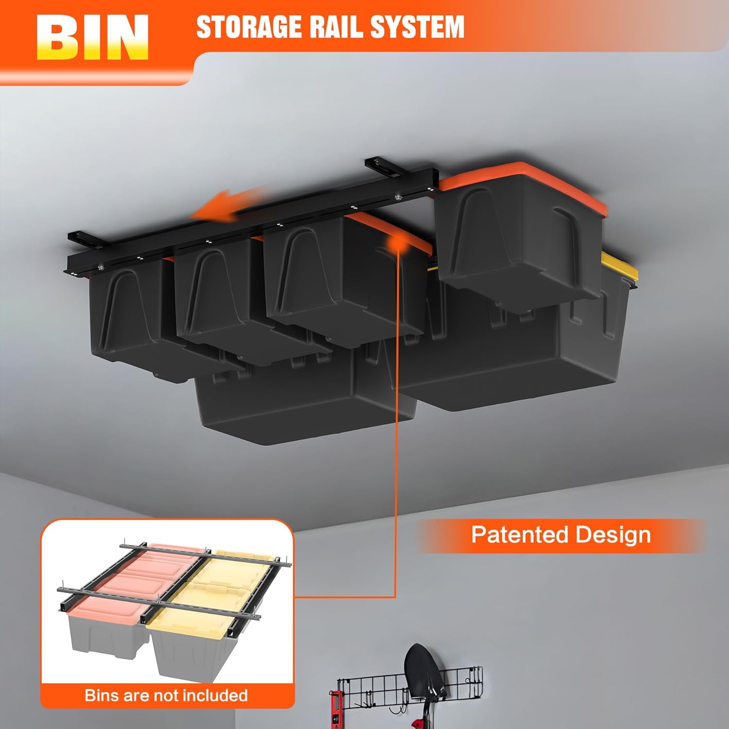 TORACK Garage Ceiling Bin Storage Rack, Overhead Tote Storage Rail System Heavy Duty Adjustable Tote Slide Rails Garage Bins Storage System(Black, Bins are not included)