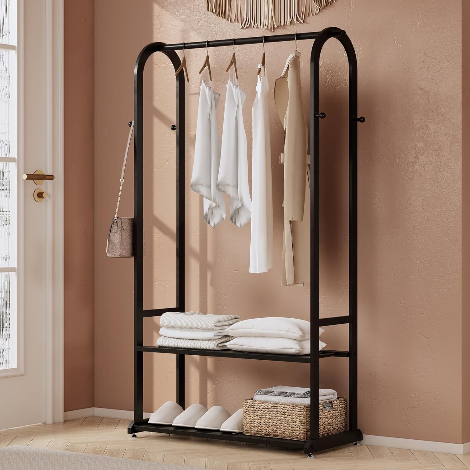 Heavy Duty Clothes Rack with Bottom Shelves & 6 side Hooks - Sturdy Metal Clothing Rack,Garment Racks for Hanging Clothes,can keep and organize your shoes and boxes in order