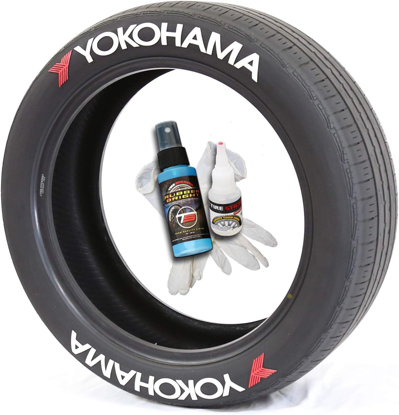 Tire Stickers Yokohama w/Logo - Permanent DIY Glue On White Tire Lettering Kit with Glue & 2oz Touch-Up Cleaner / 17-18 Inch Wheels / 1.50 Inches/White / 4 Pack