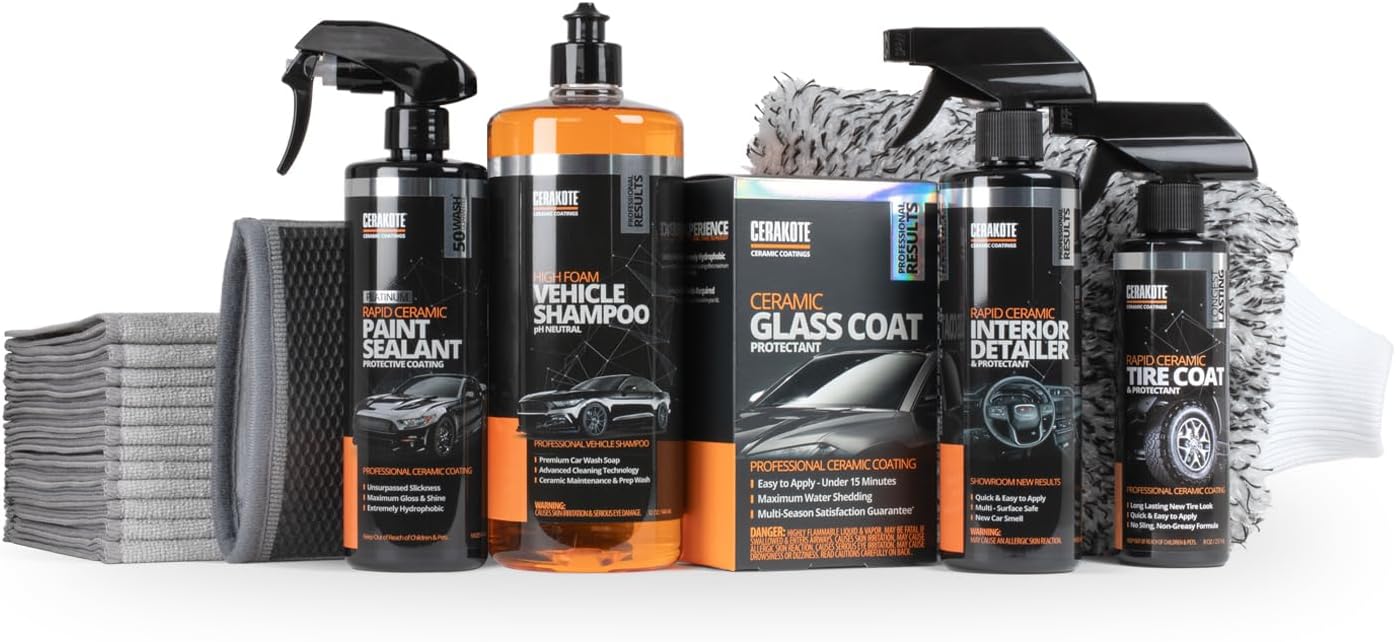 CERAKOTE Fully Covered Bundle - Complete Car Care with Rapid Ceramic Paint Sealant, Interior Detailer, Tire Coat, Glass Protectant, High Foam Vehicle Shampoo