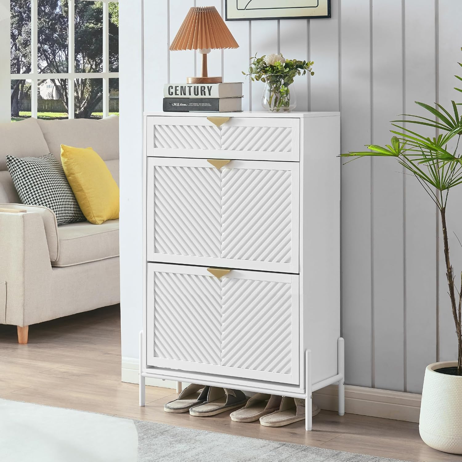 VIPLUMI Shoe Cabinet Storage with 2 Flip Drawers, Narrow Hidden Shoes Organizer Cabinet for Entryway, Freestanding Slim Shoe Rack Front Door Entrance(White)