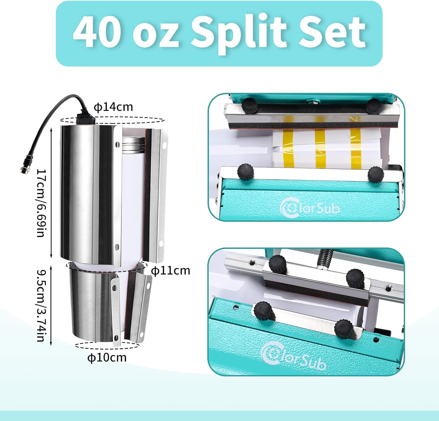ColorSub 3 in 1 40 OZ Tumbler Heat Press Machine 11 OZ 15 OZ Mug Press Sublimation Machine for Sublimation 40 OZ Tumbler with Handle Straight Tumblers Bottles Mugs Glass Cup Printing Teal
