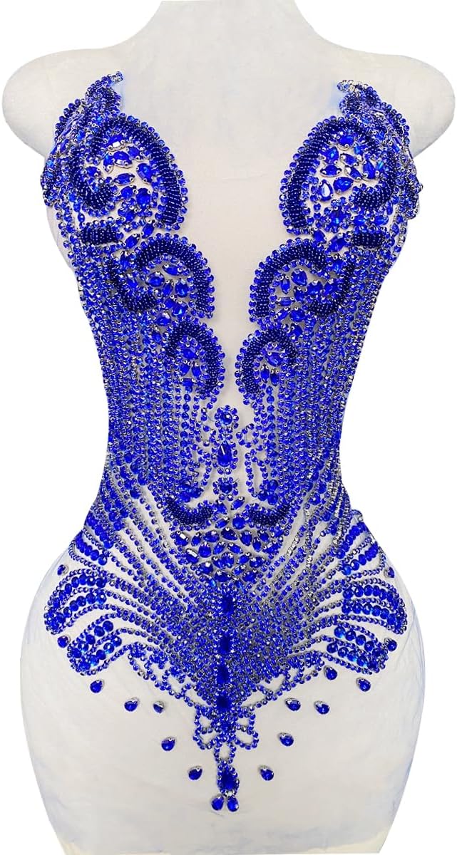 Large Bodice Applique Sequin Rhinestones Fine Appliques Handsewing Crystals and Beads for Dress Clothes Accessories 9.4X23.6inches (Orange)