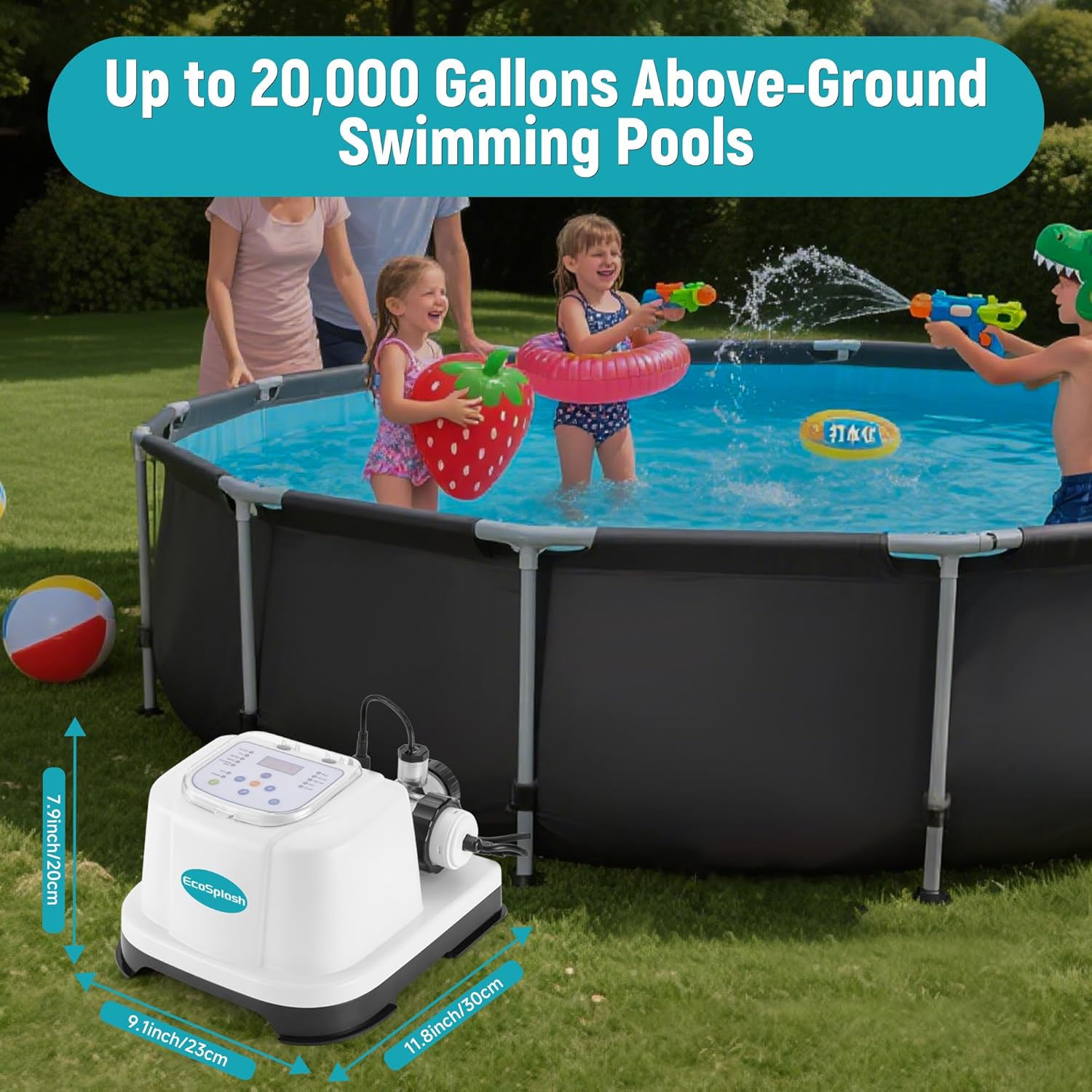 Automatic Saltwater Chlorinator for Above-Ground Pools – High-Efficiency Pool Salt Water Chlorination System up to 20,000 Gallons with Self-Cleaning Cell, Adapter and Test Strip