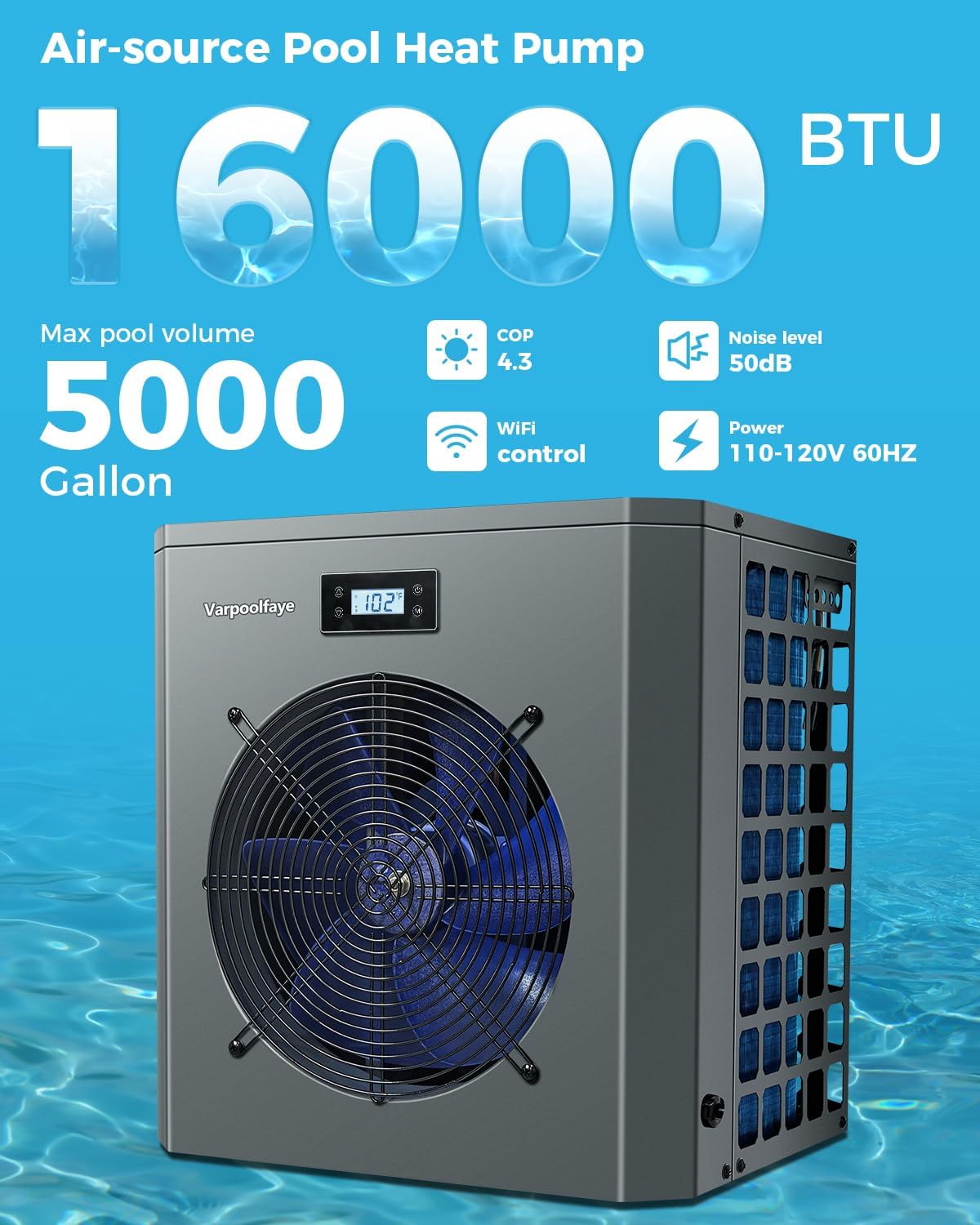 16000 BTU Swimming Pool Heat Pump 5000 Gallon Electric Pool Heater for Above Ground Pool 5KW Heating or Cooling WiFi Control Timer Pool Heater 120V 60Hz