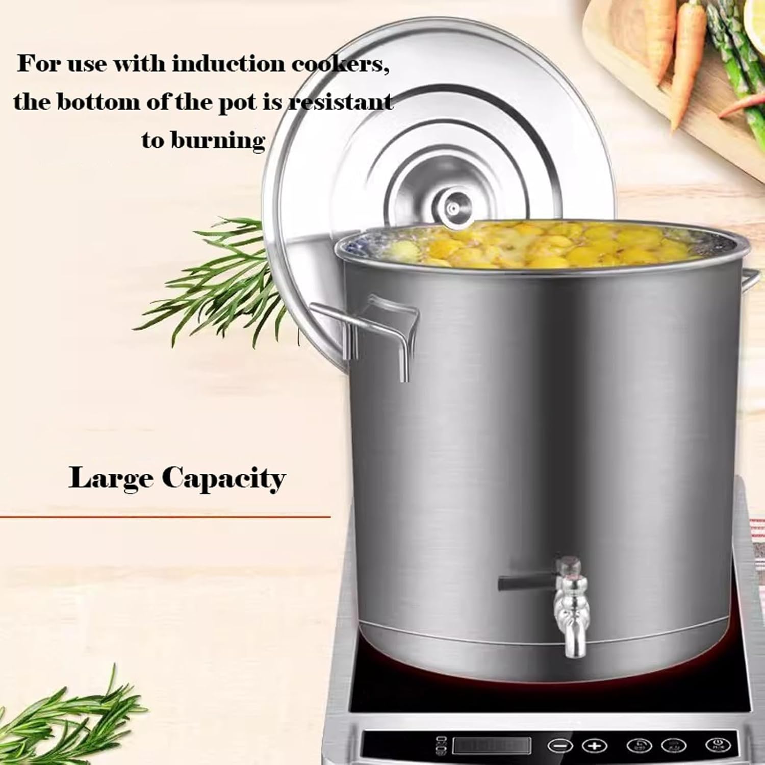 Stainless Steel Soup Bucket, Stock Pot with Spigot, Soup Pot with Lid,Large Stock Pots, Composite Stockpot, Multifunctional Heavy Duty Pots(60x60cm)