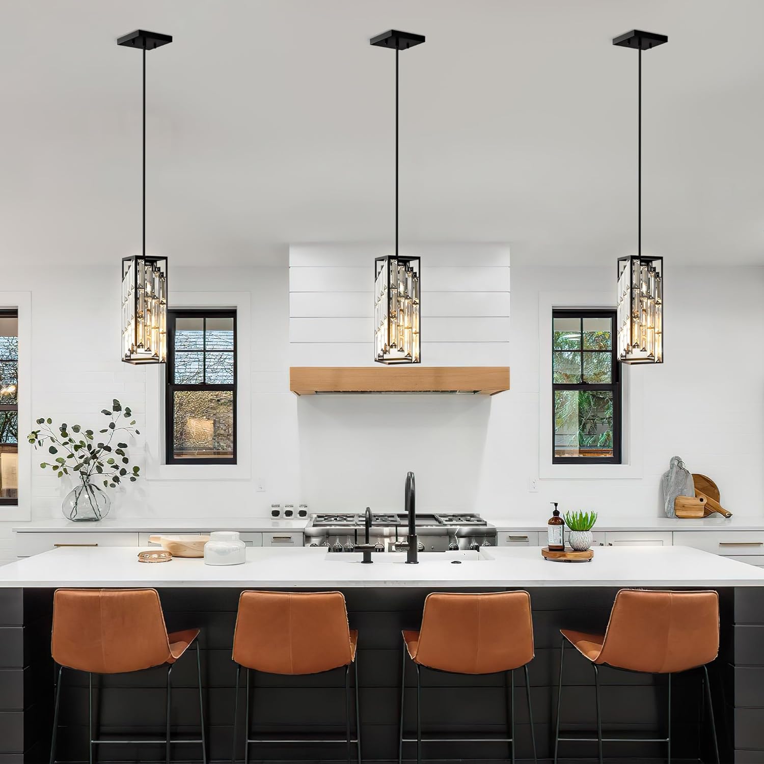 Black Pendant Lights Kitchen Island 3 Pack, Mini Crystal Chandeliers, Modern Pendant Lights Ceiling Lighting Fixtures for Kitchen Island, Dinning Room, Bedroom