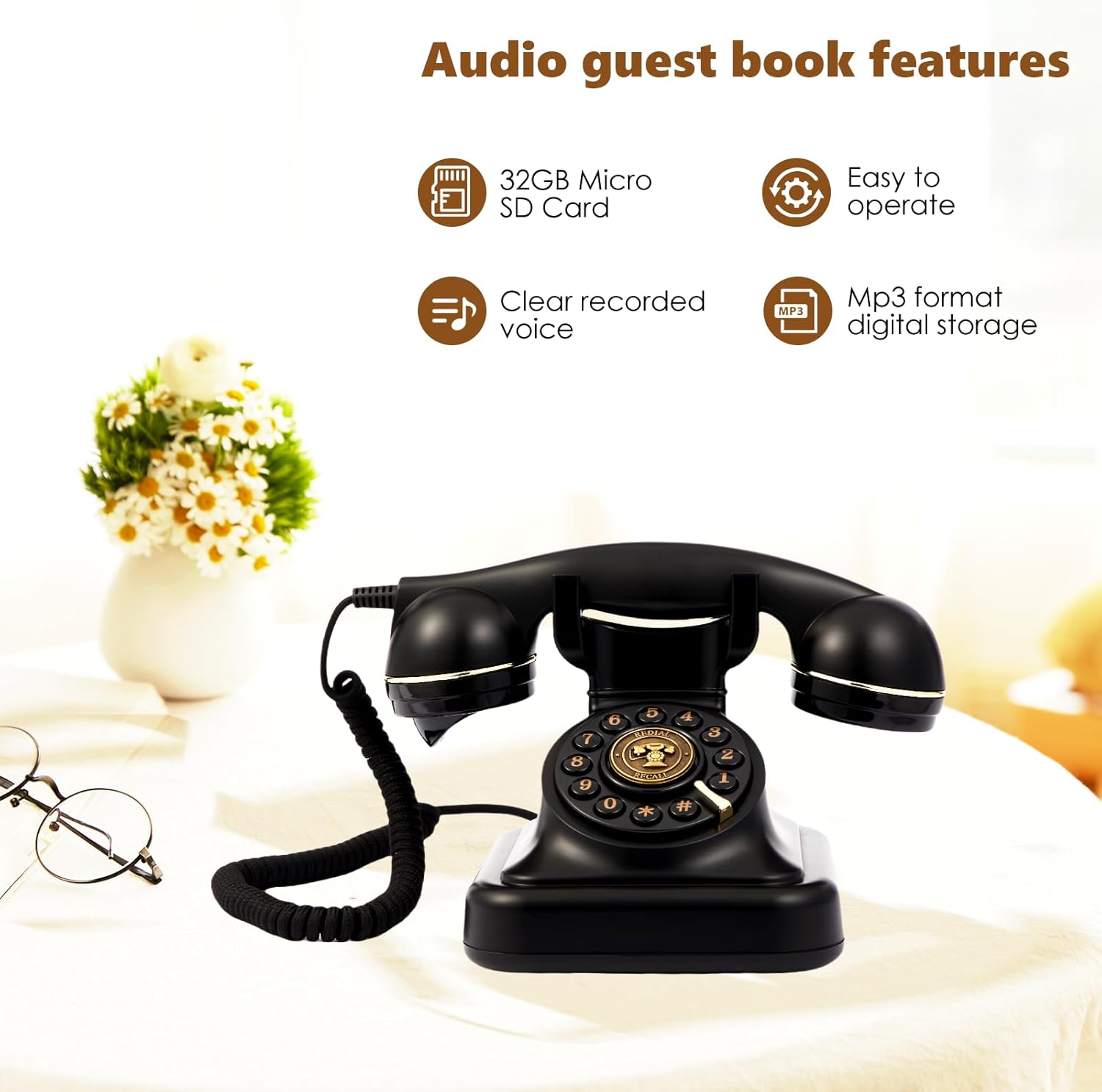 Audio Guest Book Wedding Phone,Customized Audio Guest Book Phone, Vintage Rotary Style Audio Message Voicemail for Graduation Retirement Party Birthdays Baby Shower Special Occasions(Black)