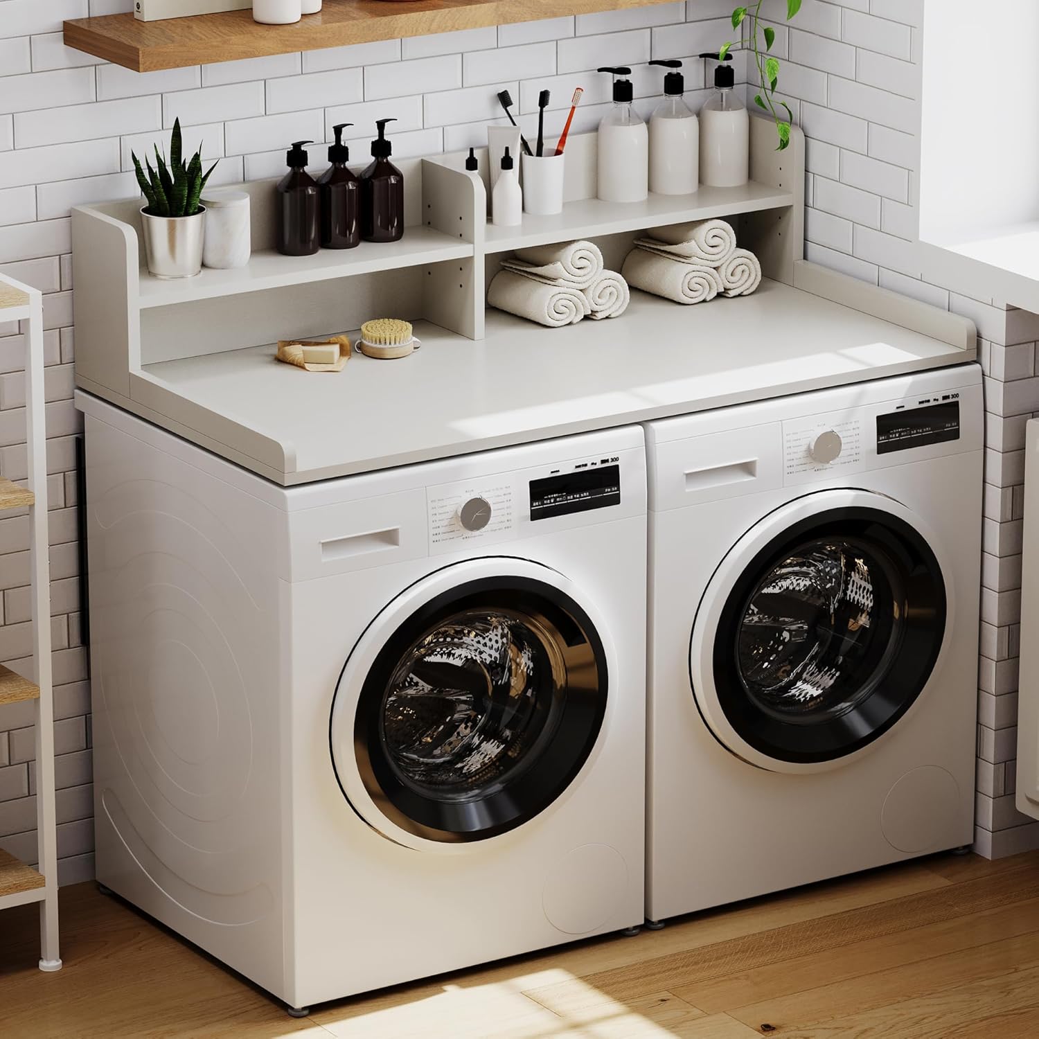 ChooChoo 2-Tier Washer Dryer Countertop with Adjustable Shelf, Spacious Laundry Room Storage for Folding Clothes and Efficient Organization, White