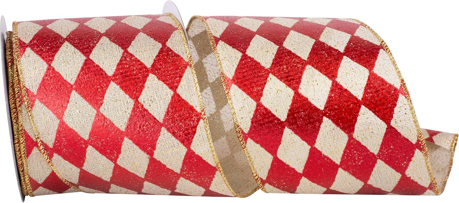 Reliant Ribbon 94007W-994-10F Harlequin Diamond Glimmer Deluxe Wired Edge Ribbon, 4 Inch X 10 Yards, Red/Gold